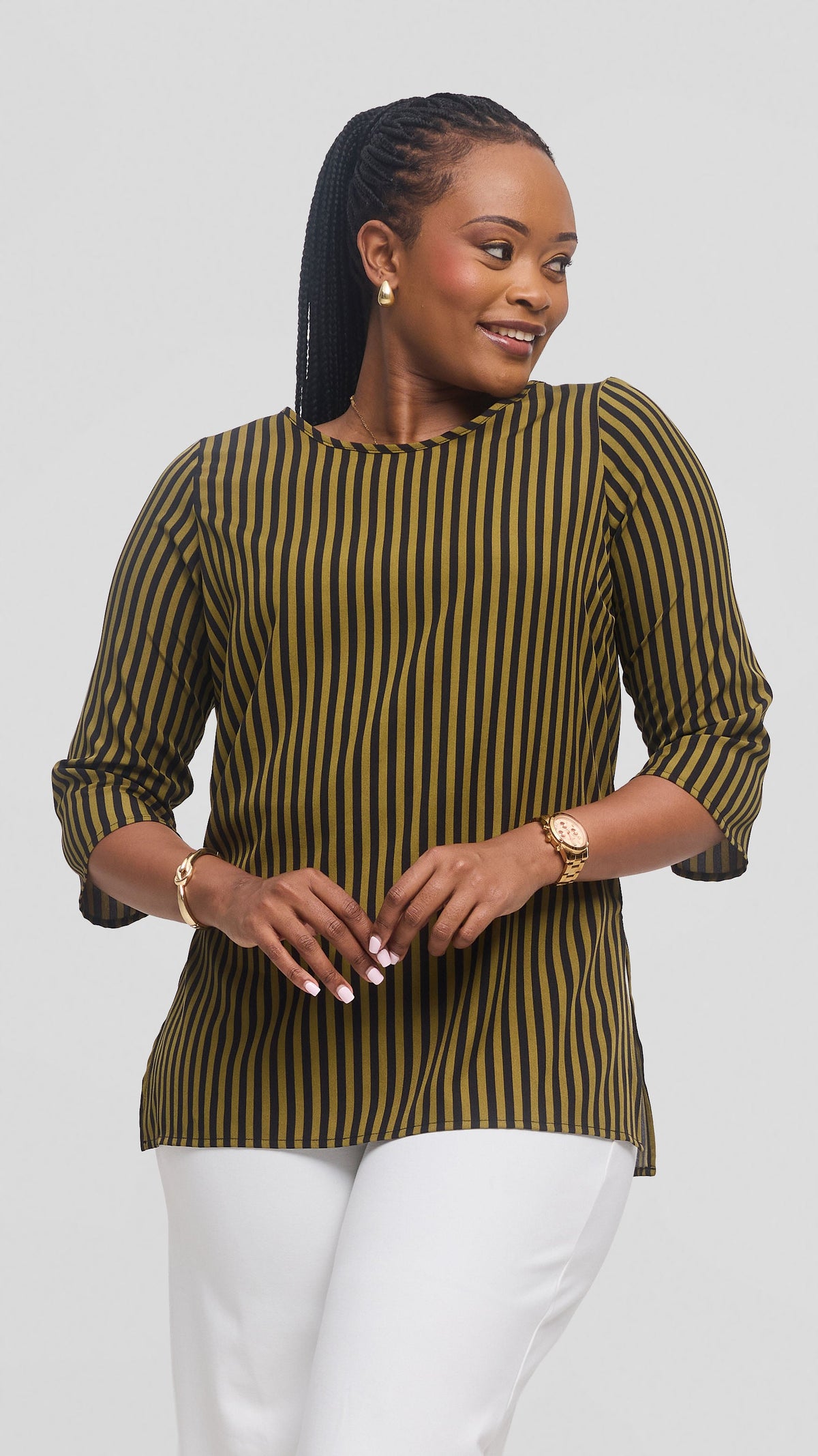 Vivo 3/4 Sleeve Side Slit Top in Crepe - Dark Olive / Black Stripes