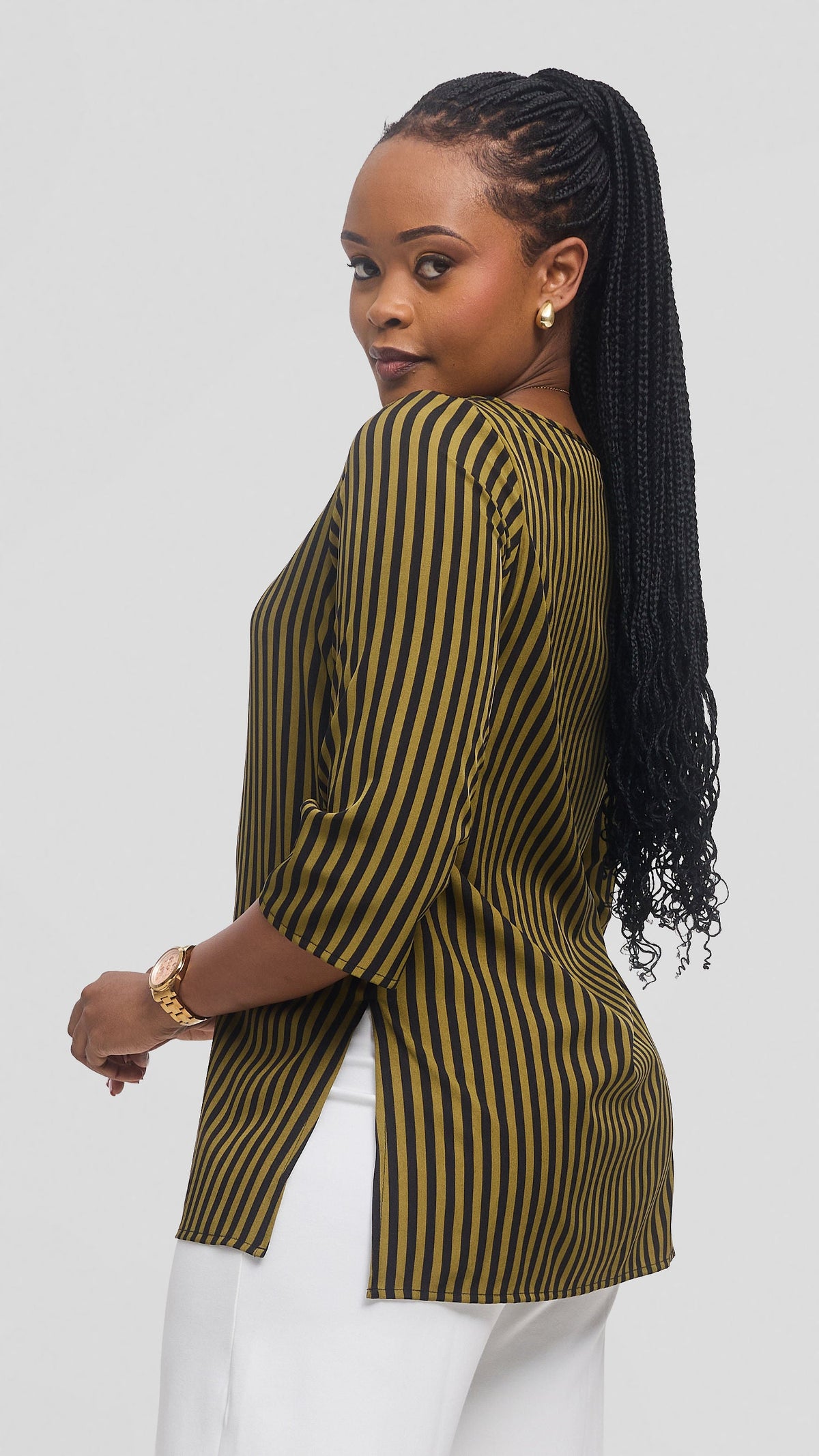 Vivo 3/4 Sleeve Side Slit Top in Crepe - Dark Olive / Black Stripes