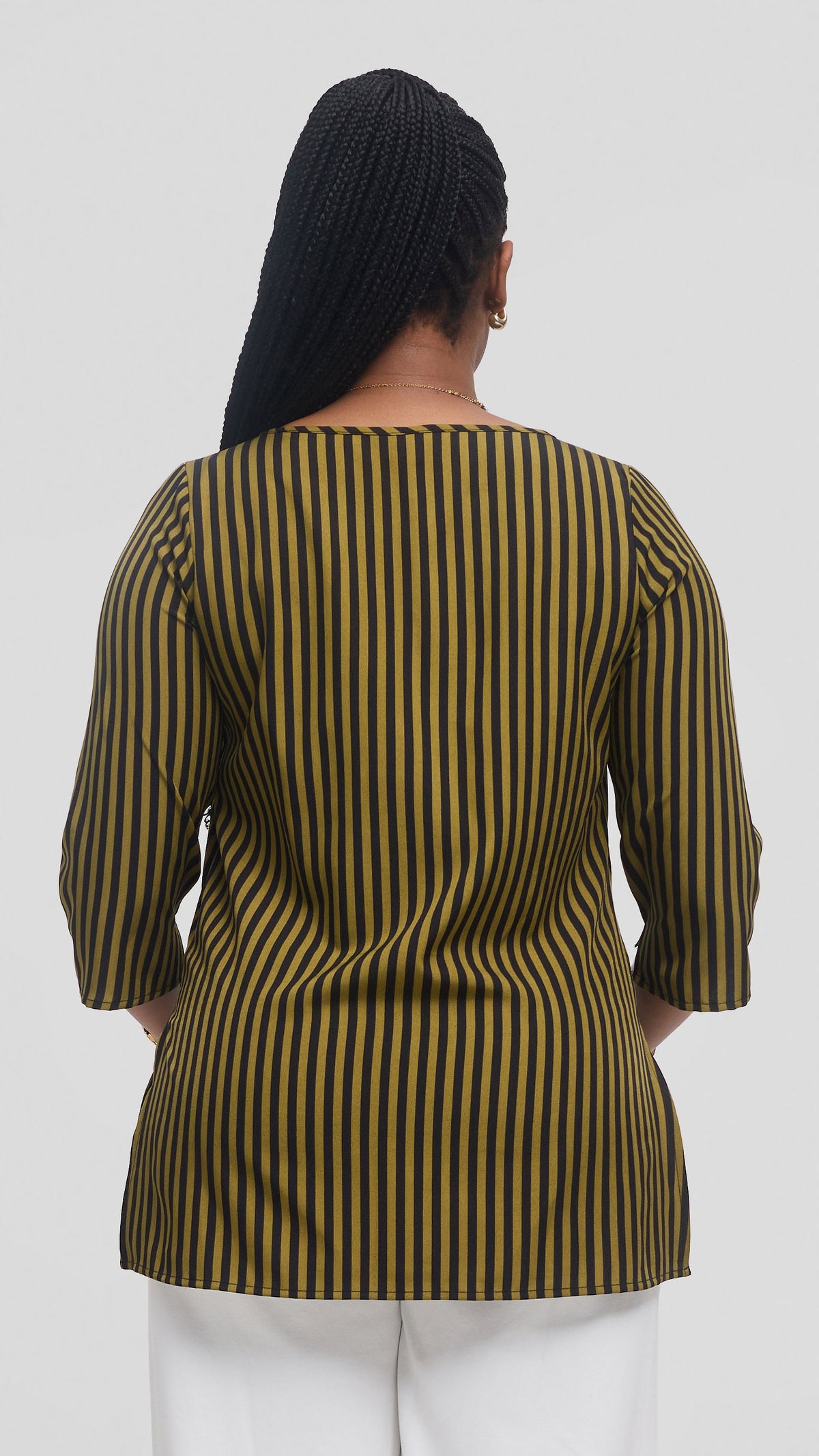 Vivo 3/4 Sleeve Side Slit Top in Crepe - Dark Olive / Black Stripes