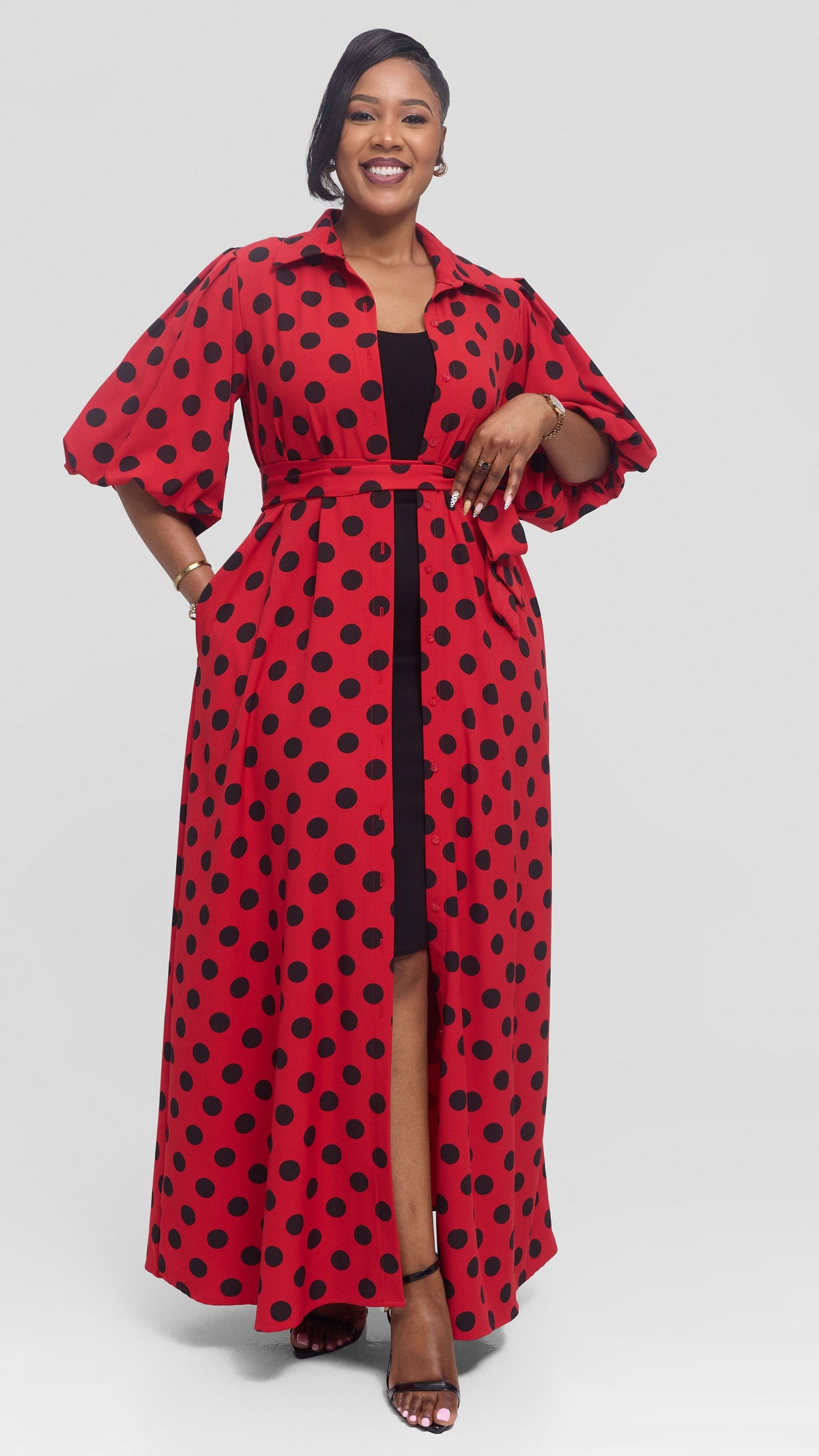 Vivo Esna Bubble Sleeve Maxi Dress in Crepe - Red / Black Polka Dot