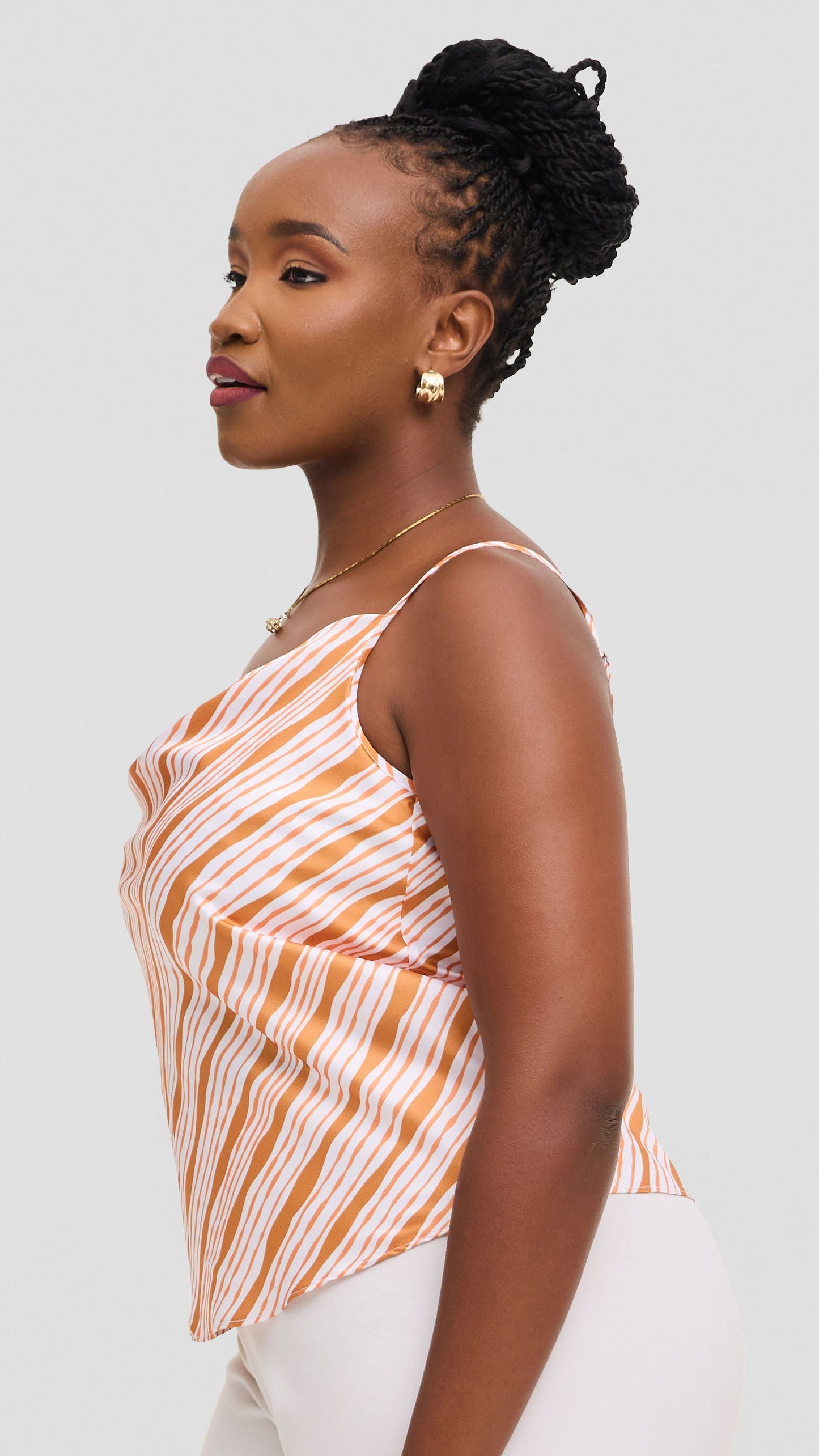 Vivo Cowl Neck Camisole in Satin - White / Orange Huwa Print
