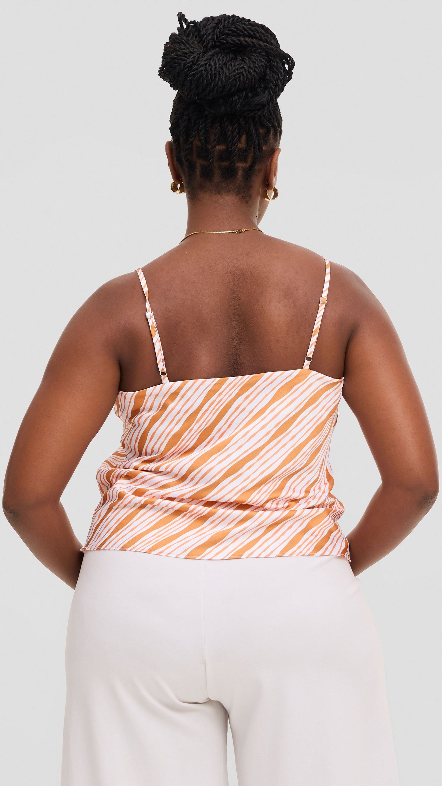 Vivo Cowl Neck Camisole in Satin - White / Orange Huwa Print