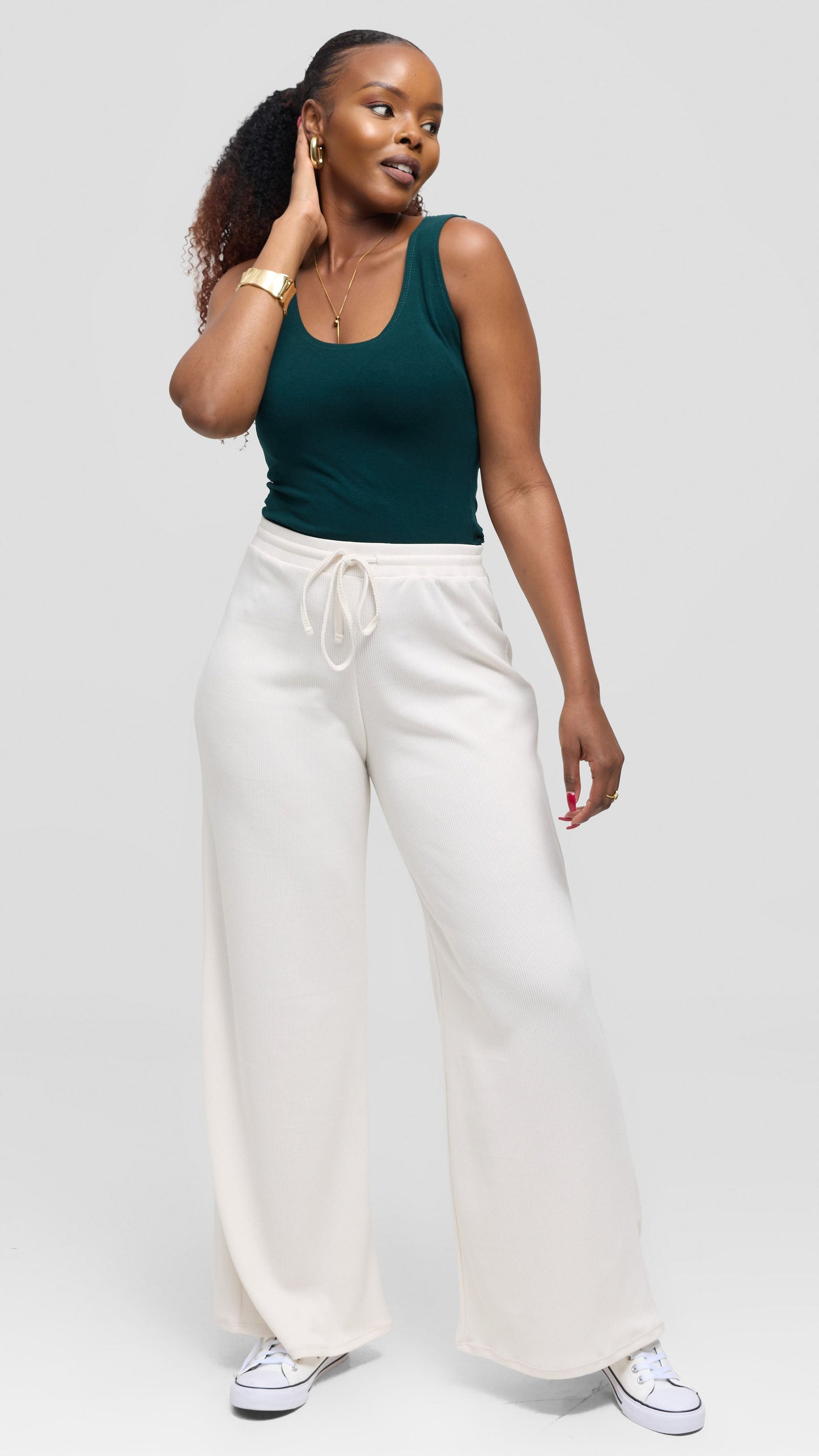 Vivo Ria Drawstring Pants in Stretch Rib - Off White