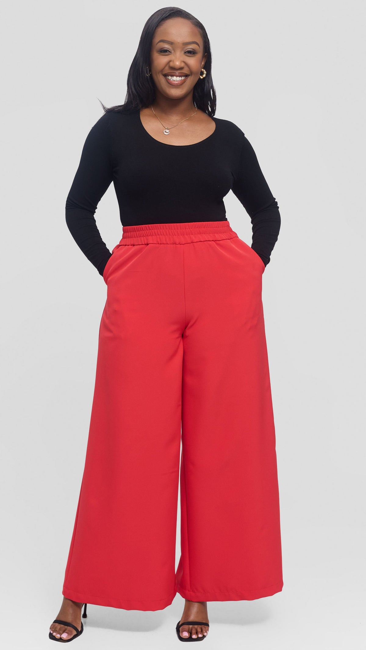 Vivo Elastic Waist Wide Pants in Crepe - Red