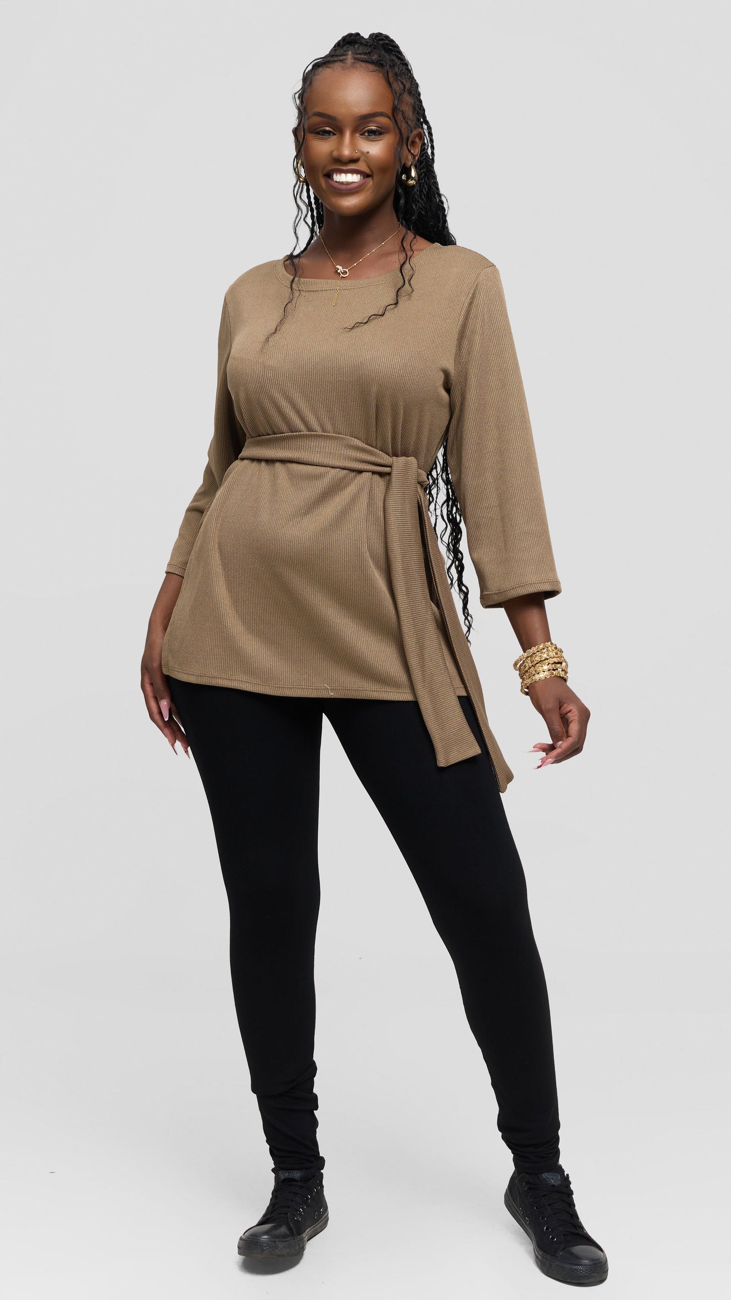 Vivo Rema 3/4 Sleeve Side Slit Tunic Top in Rib- Taupe