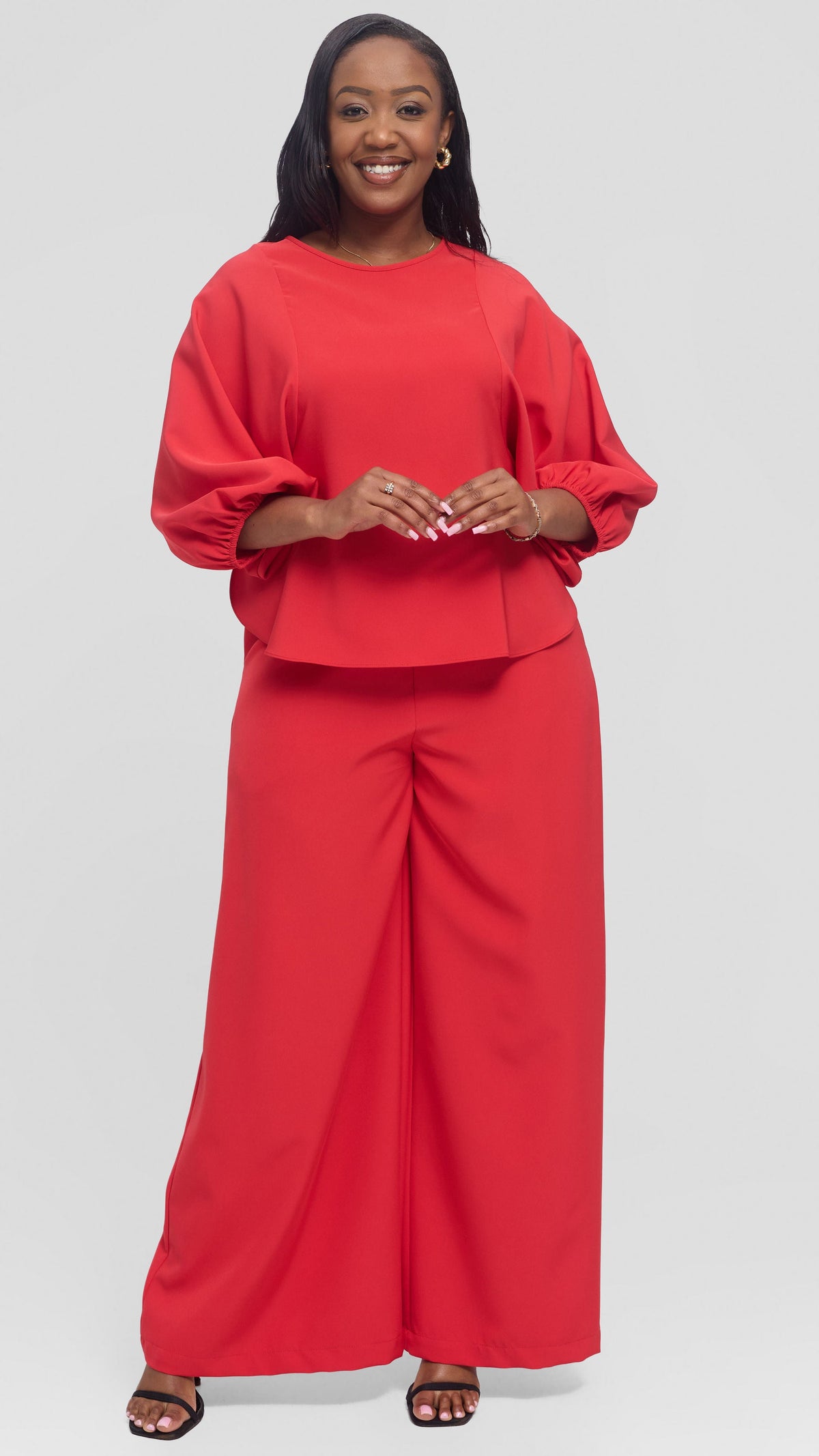 Vivo Elastic Waist Wide Pants in Crepe - Red