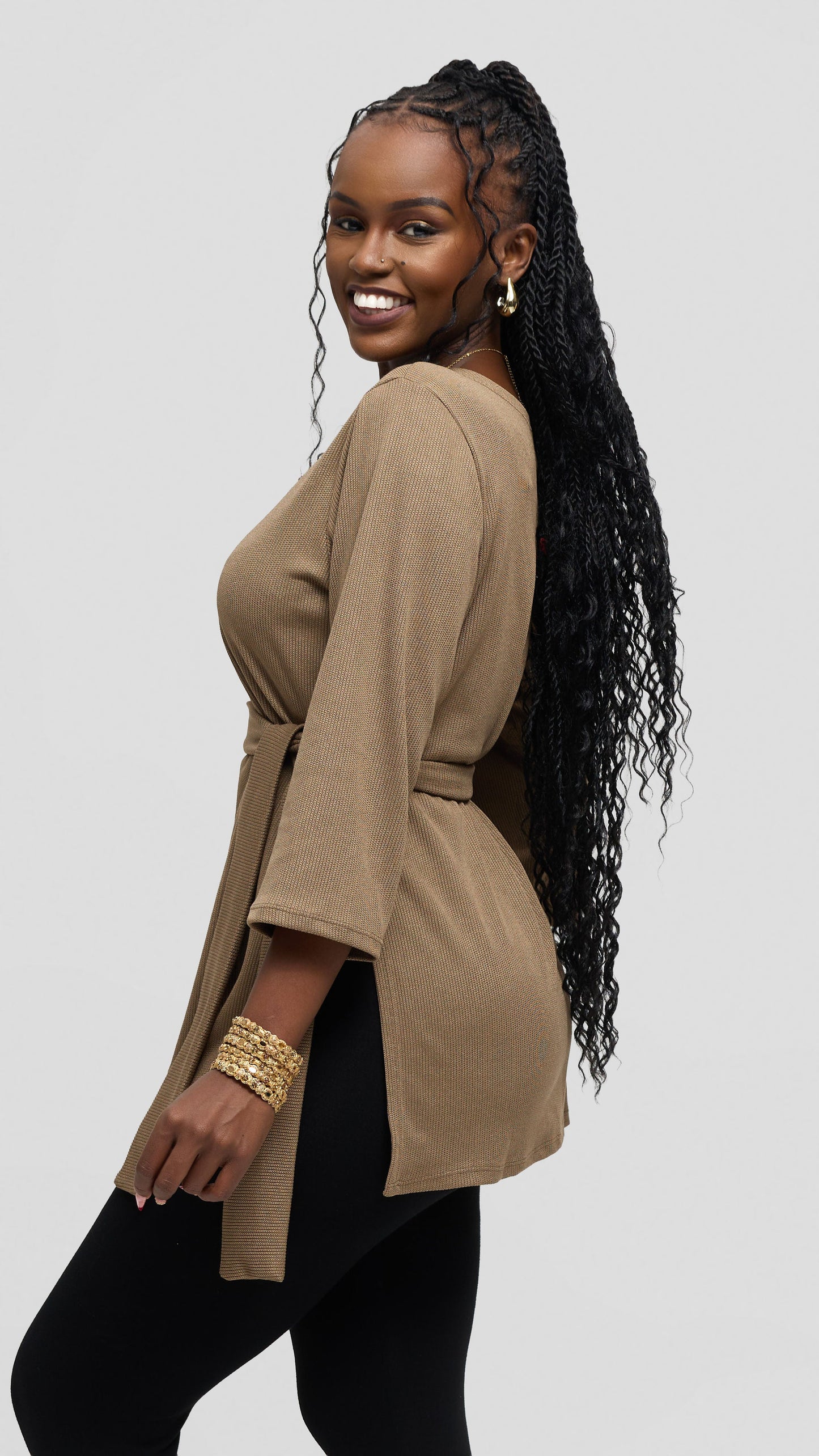 Vivo Rema 3/4 Sleeve Side Slit Tunic Top in Rib- Taupe
