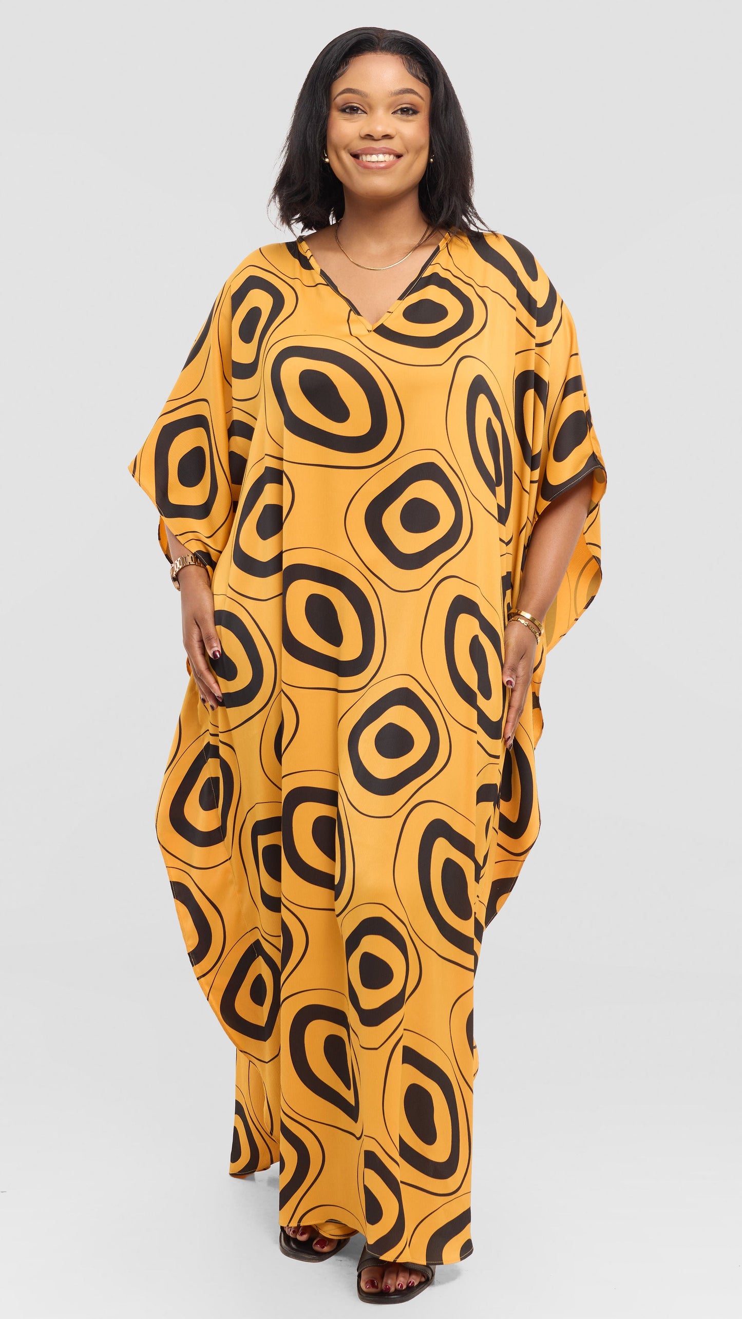 Vivo Amai Maxi Kaftan In Textured Satin - Mustard / Black Laisa Print