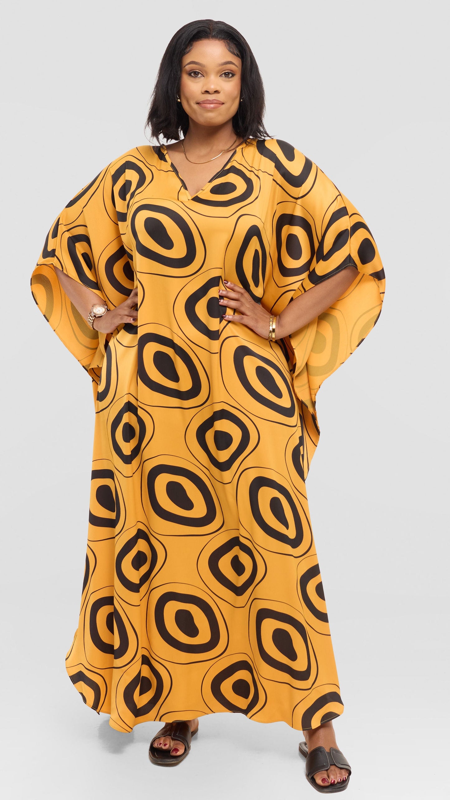 Vivo Amai Maxi Kaftan In Textured Satin - Mustard / Black Laisa Print