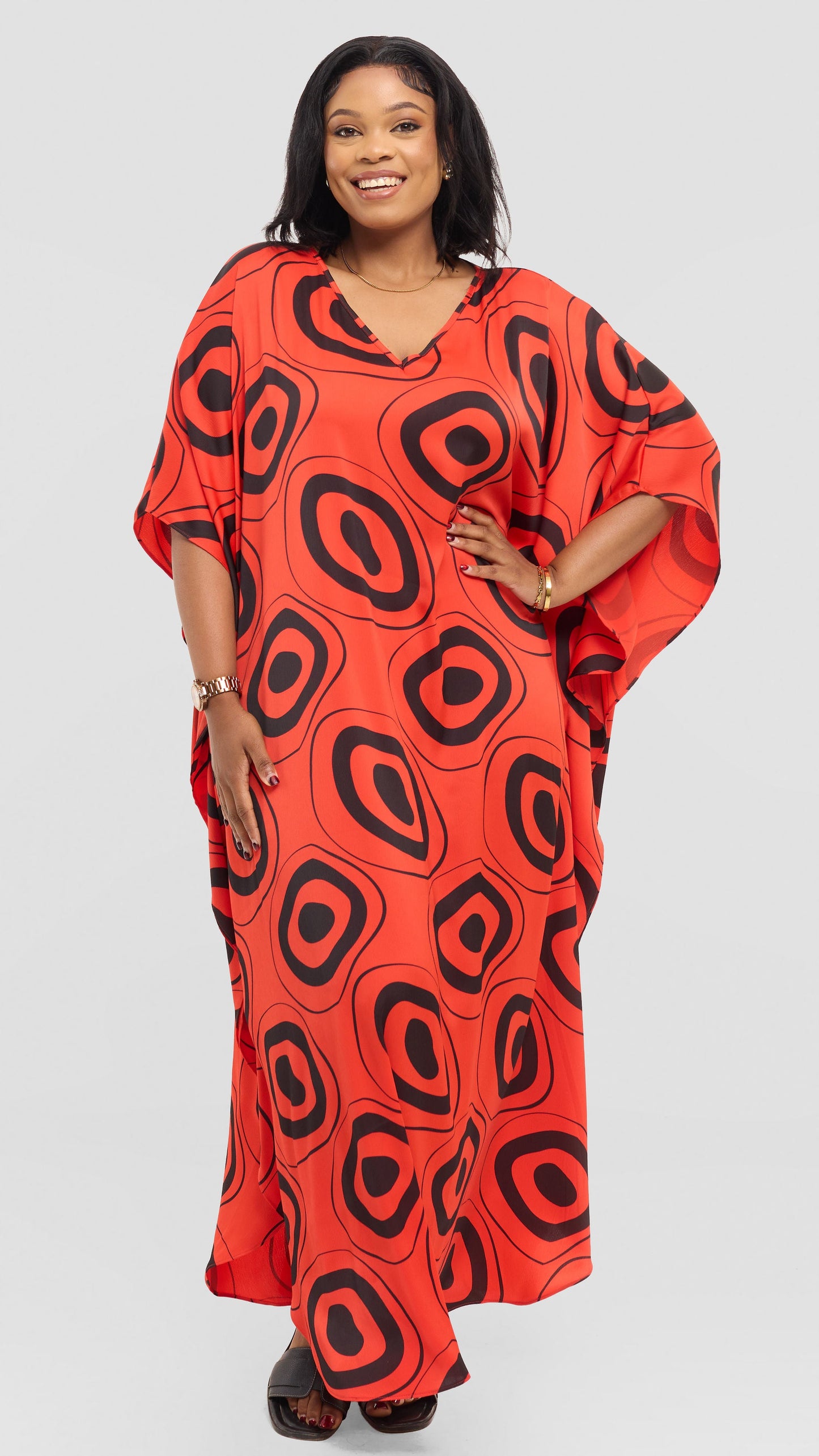 Vivo Amai Maxi Kaftan In Textured Satin - Orange / Black Laisa Print