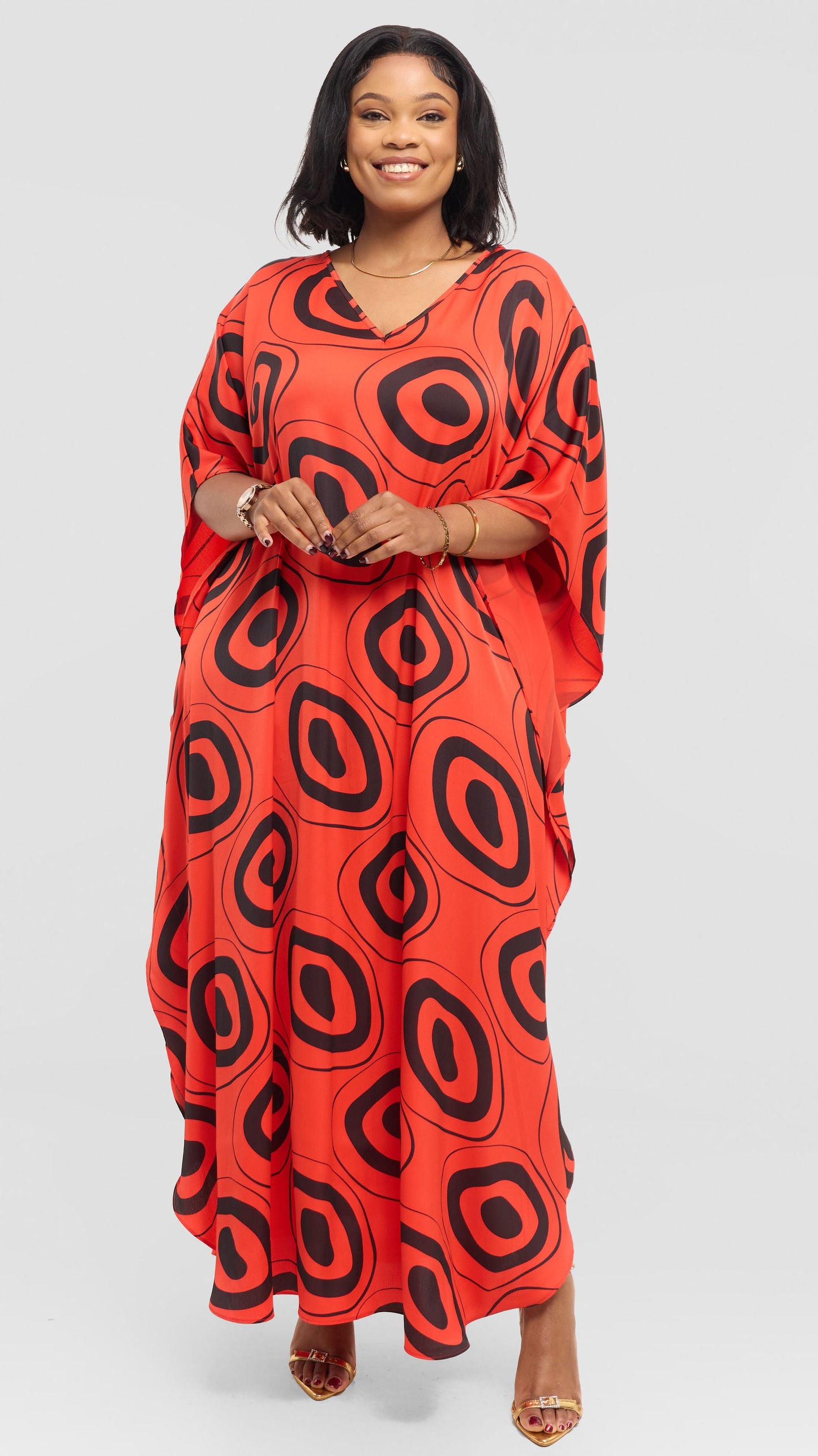 Vivo Amai Maxi Kaftan In Textured Satin - Orange / Black Laisa Print