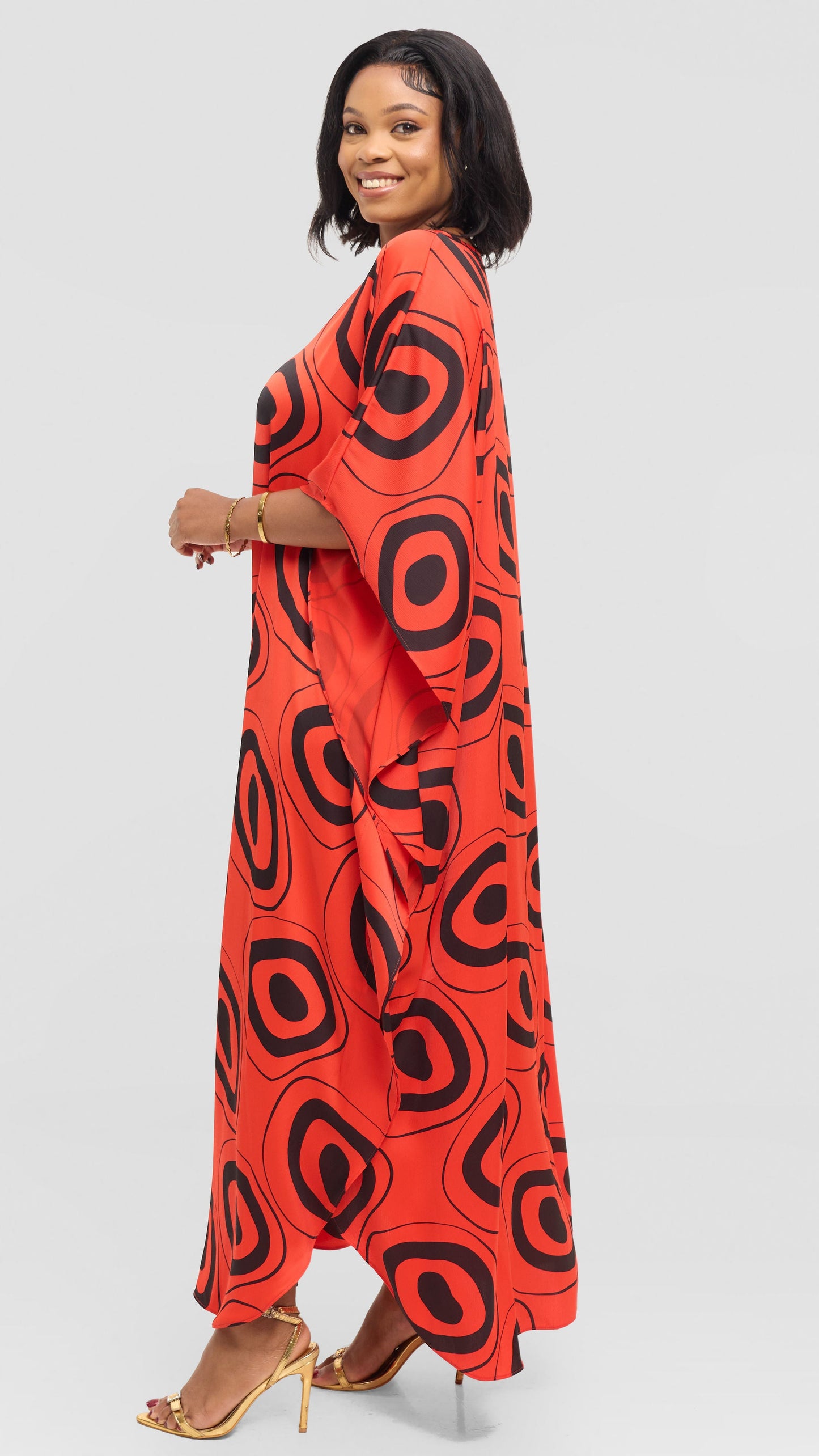 Vivo Amai Maxi Kaftan In Textured Satin - Orange / Black Laisa Print