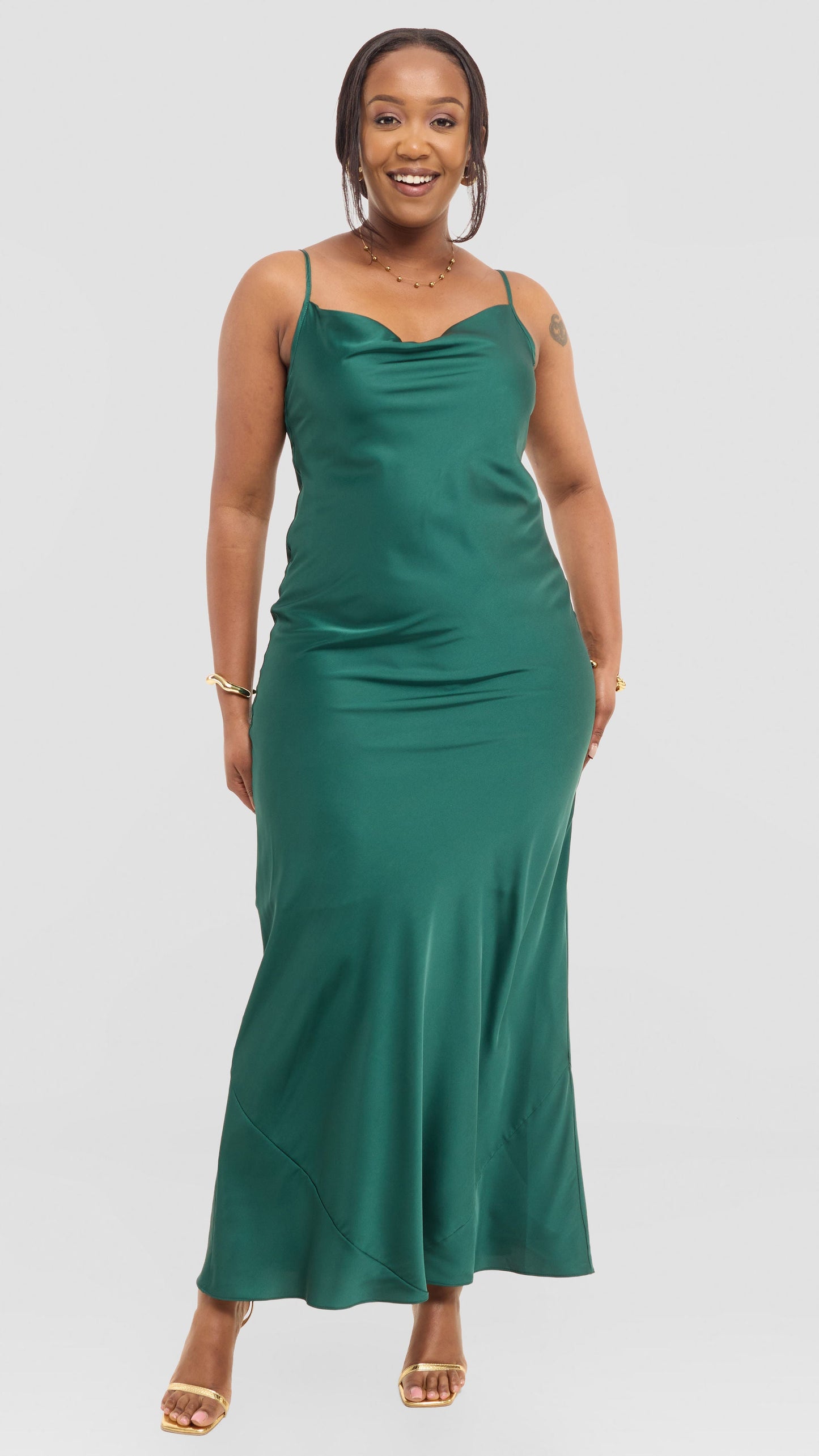 Vivo Studio Cowl Neck Maxi Dress in Satin - Dark Green