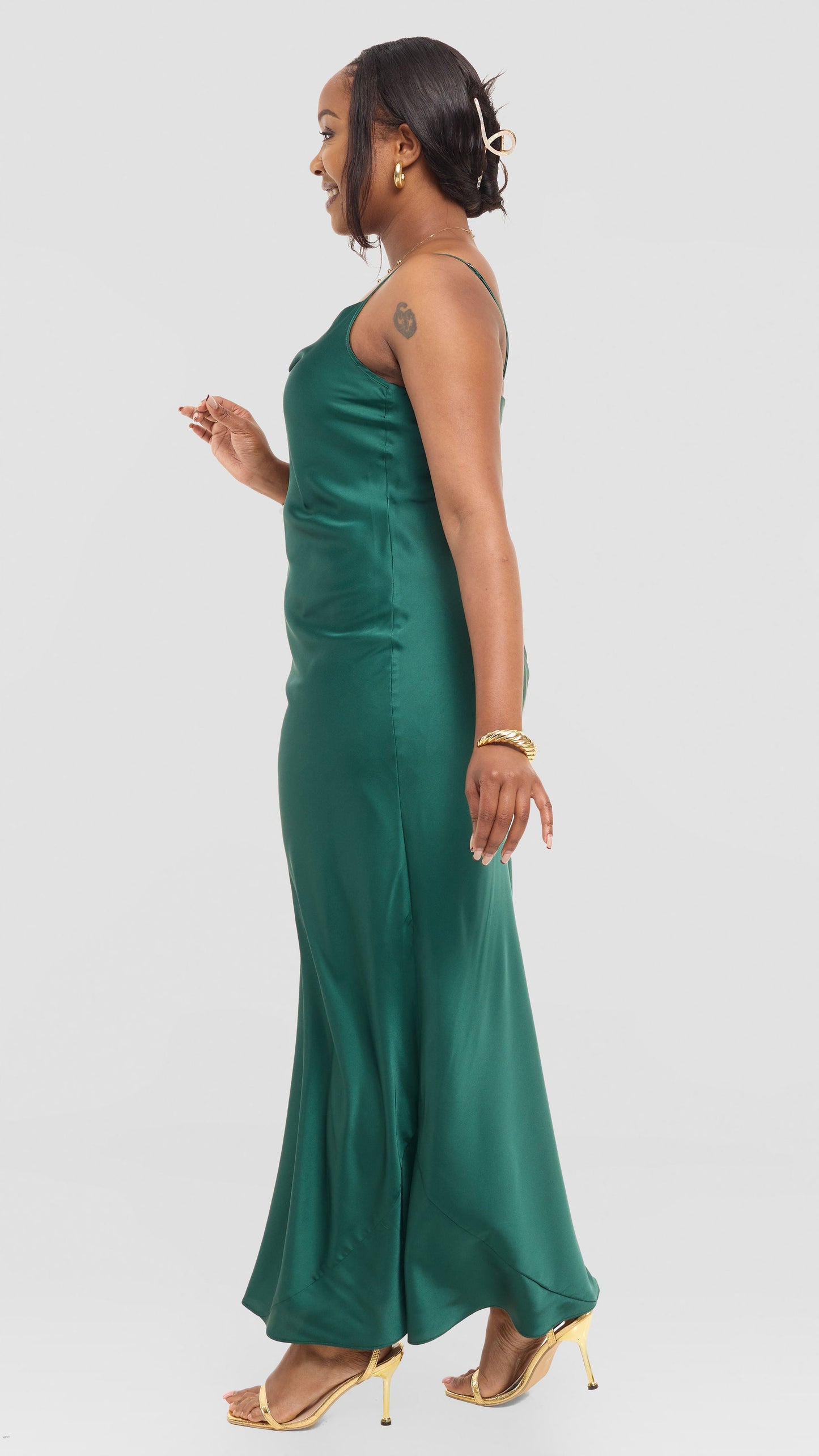 Vivo Studio Cowl Neck Maxi Dress in Satin - Dark Green