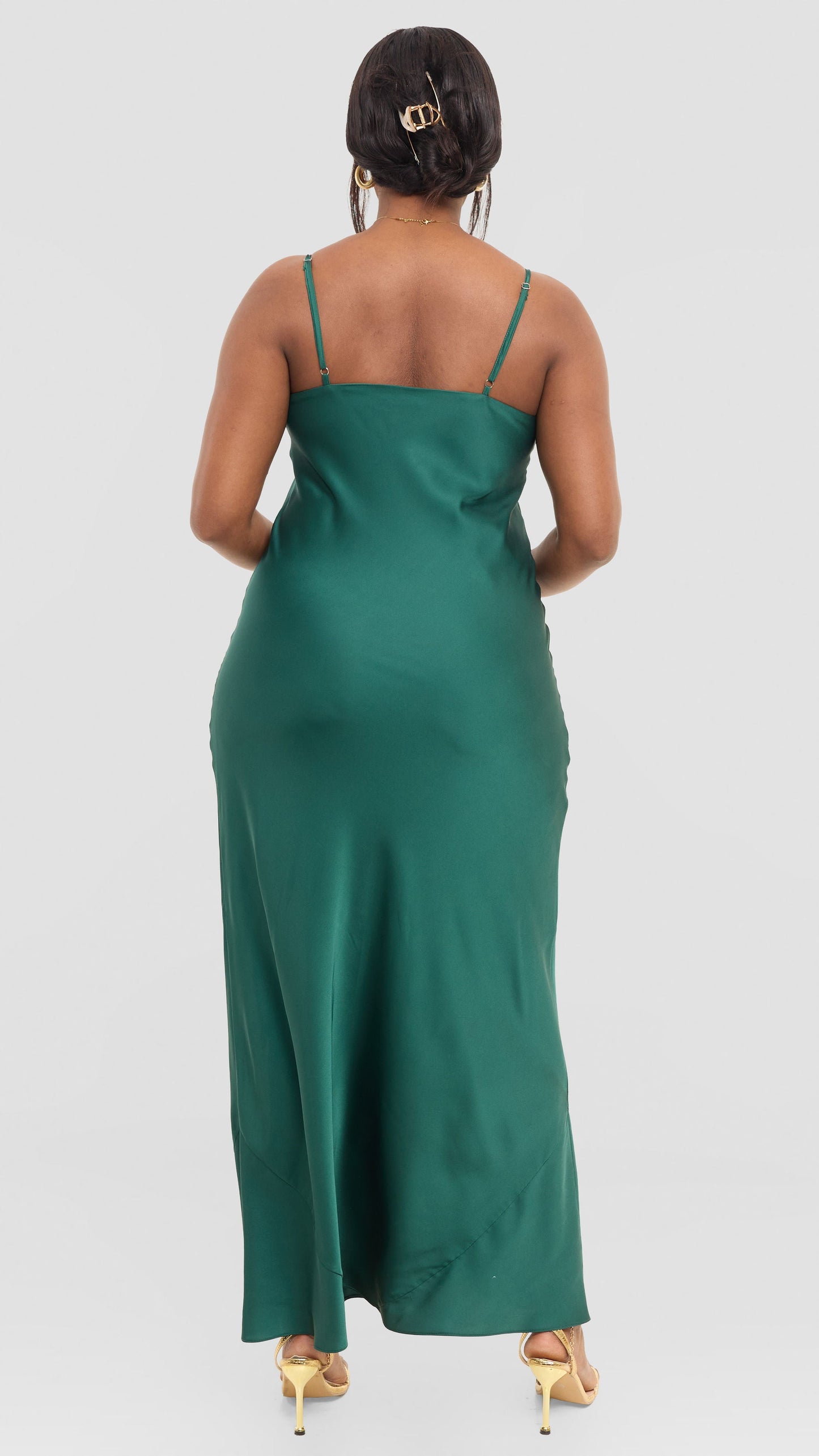 Vivo Studio Cowl Neck Maxi Dress in Satin - Dark Green