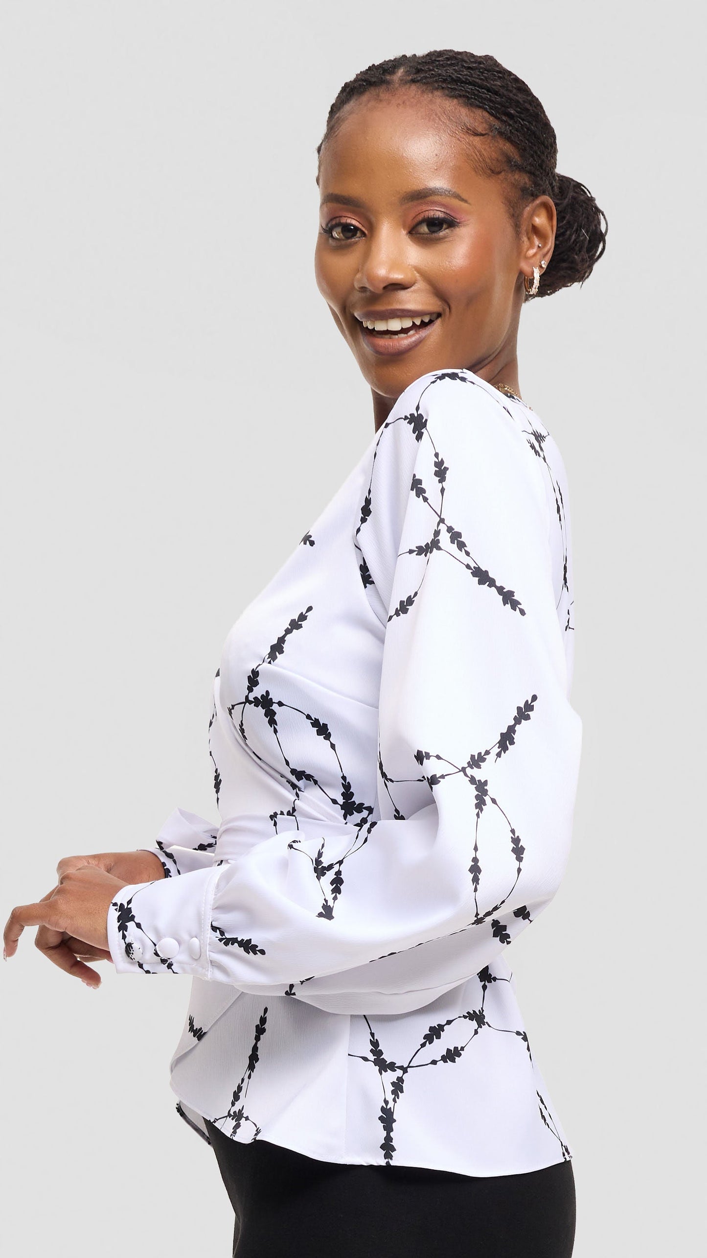 Vivo Merika Wrap Top in Satin - White / Black Shina Print
