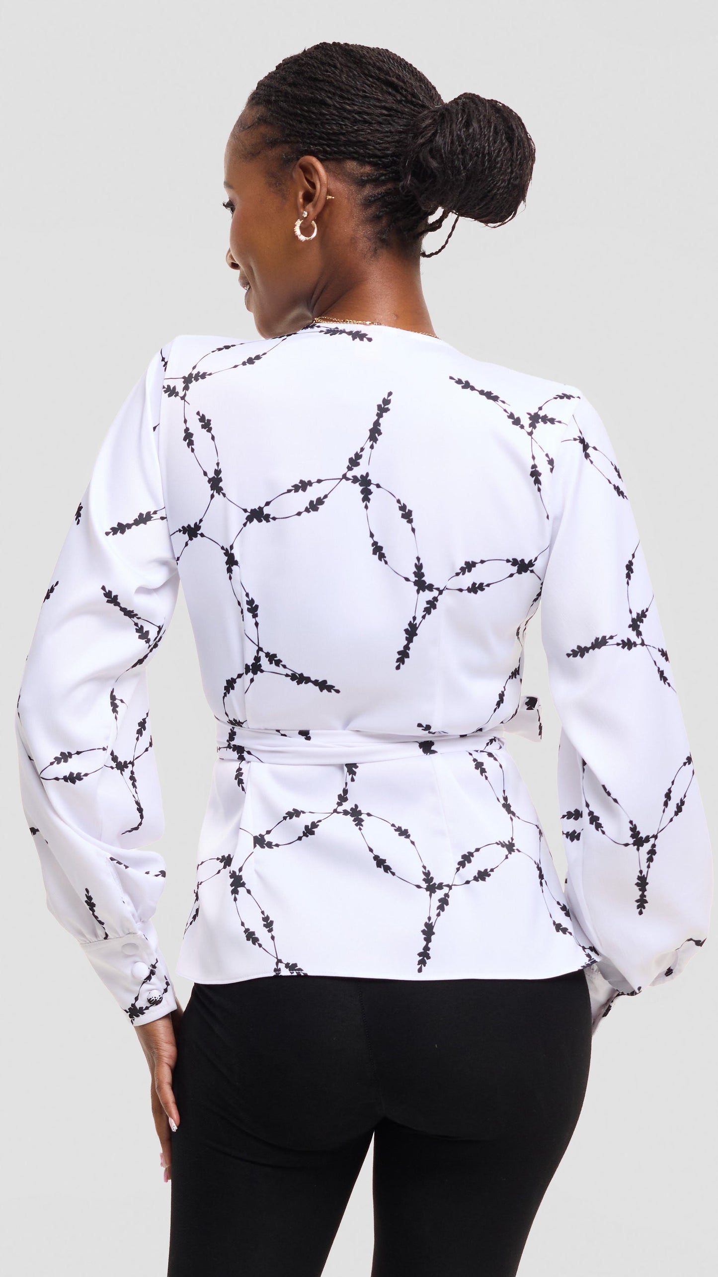 Vivo Merika Wrap Top in Satin - White / Black Shina Print