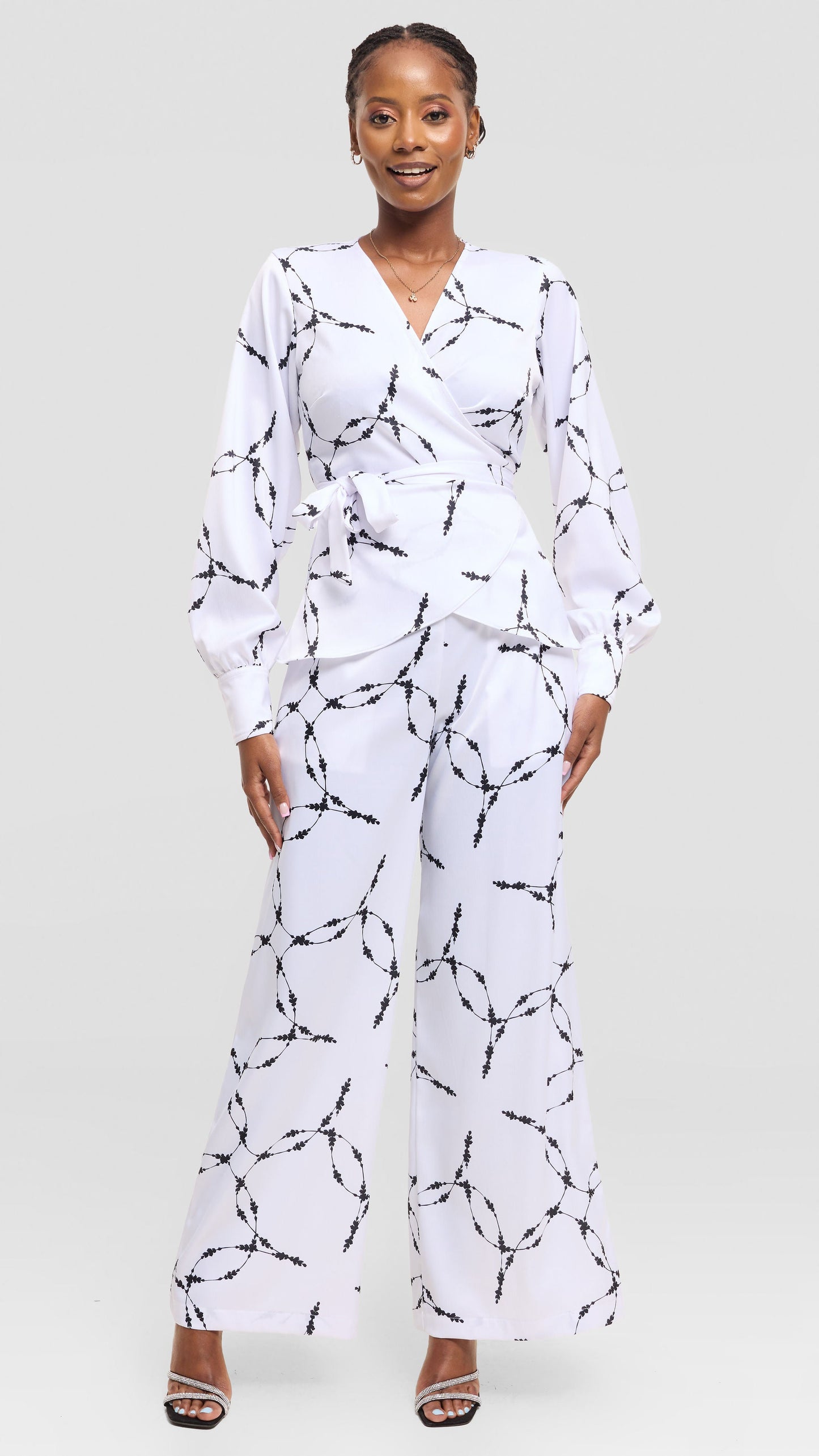 Vivo Merika Wrap Top in Satin - White / Black Shina Print