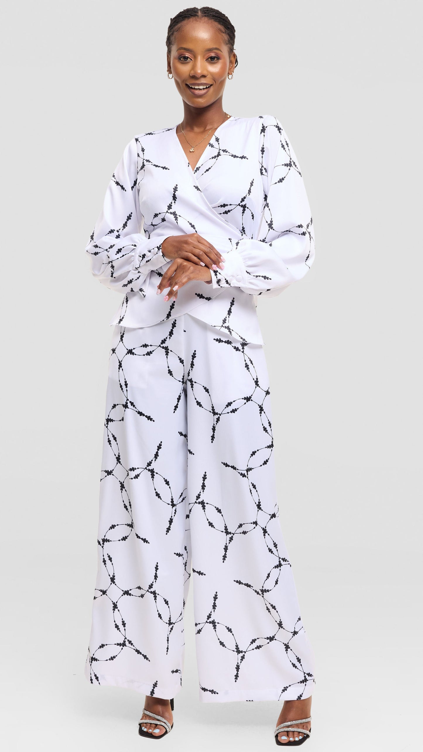 Vivo Merika Wrap Top in Satin - White / Black Shina Print