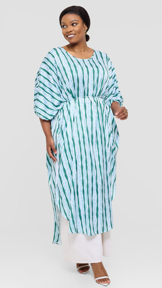 Vivo Essi Scalloped Maxi Top in Satin - White / Teal Huwa Print