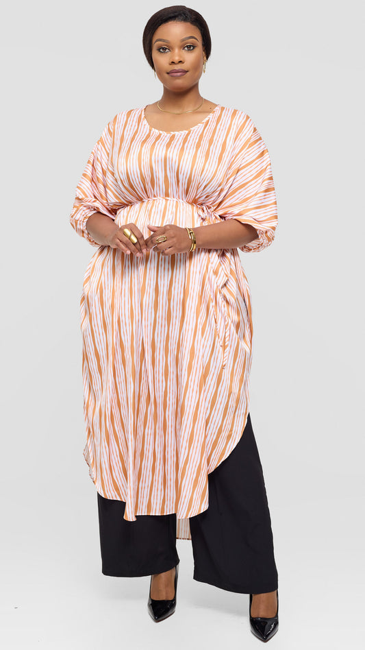 Vivo Essi Scalloped Maxi Top in Satin - White / Orange Huwa Print