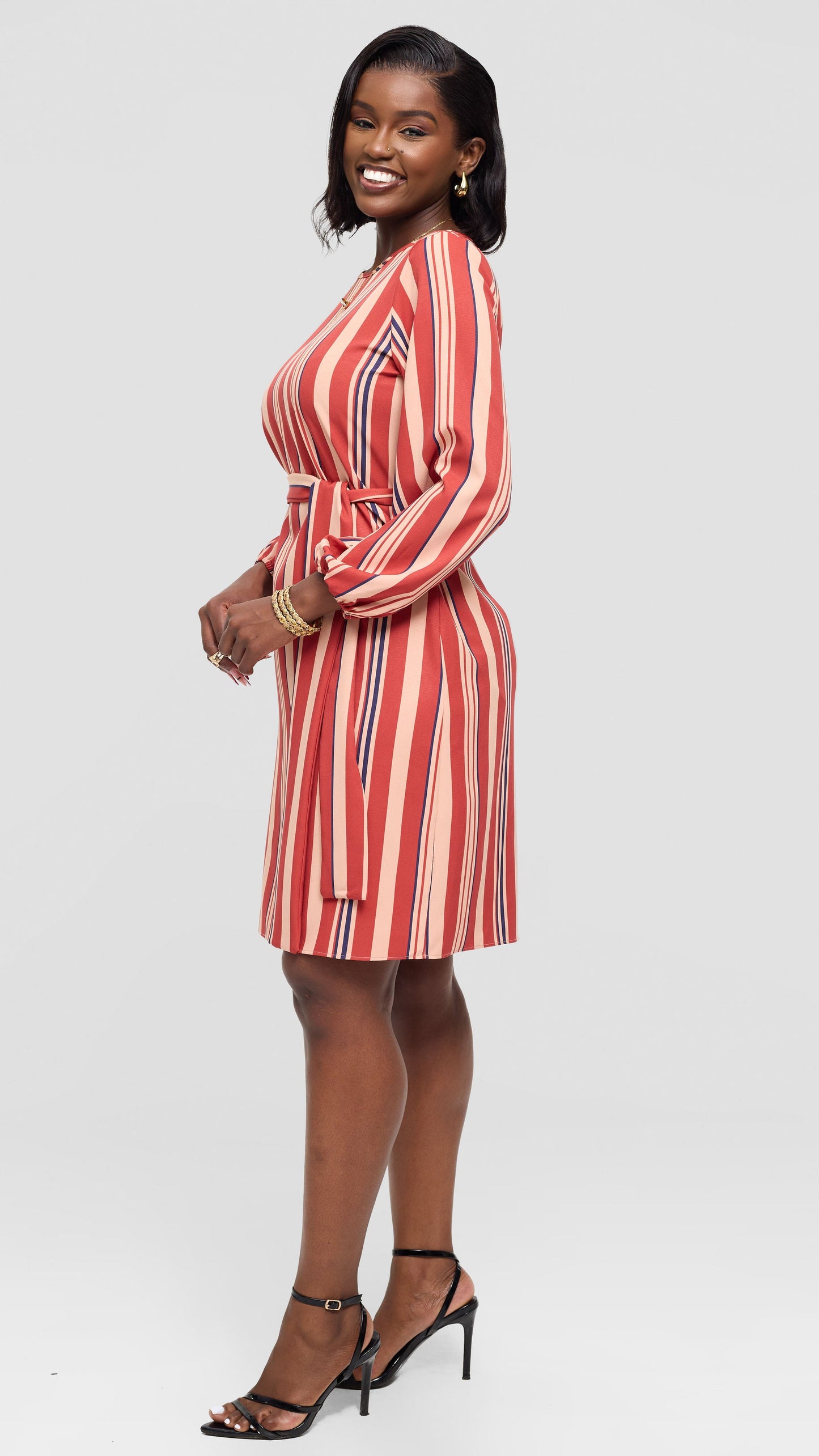 Vivo Laika Bishop Sleeve Shift Dress In Crepe - Peach / Rust Loleni Print