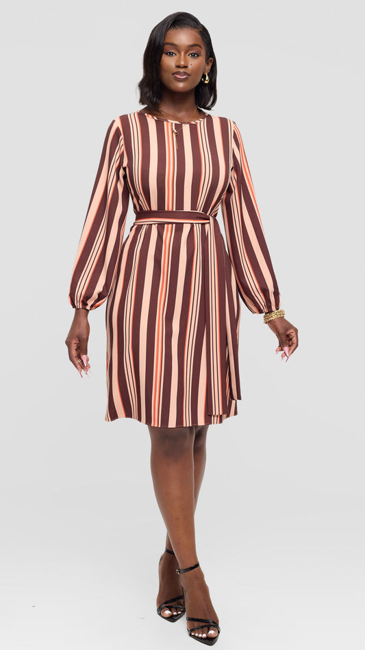 Vivo Laika Bishop Sleeve Shift Dress In Crepe - Beige / Brown Loleni Print