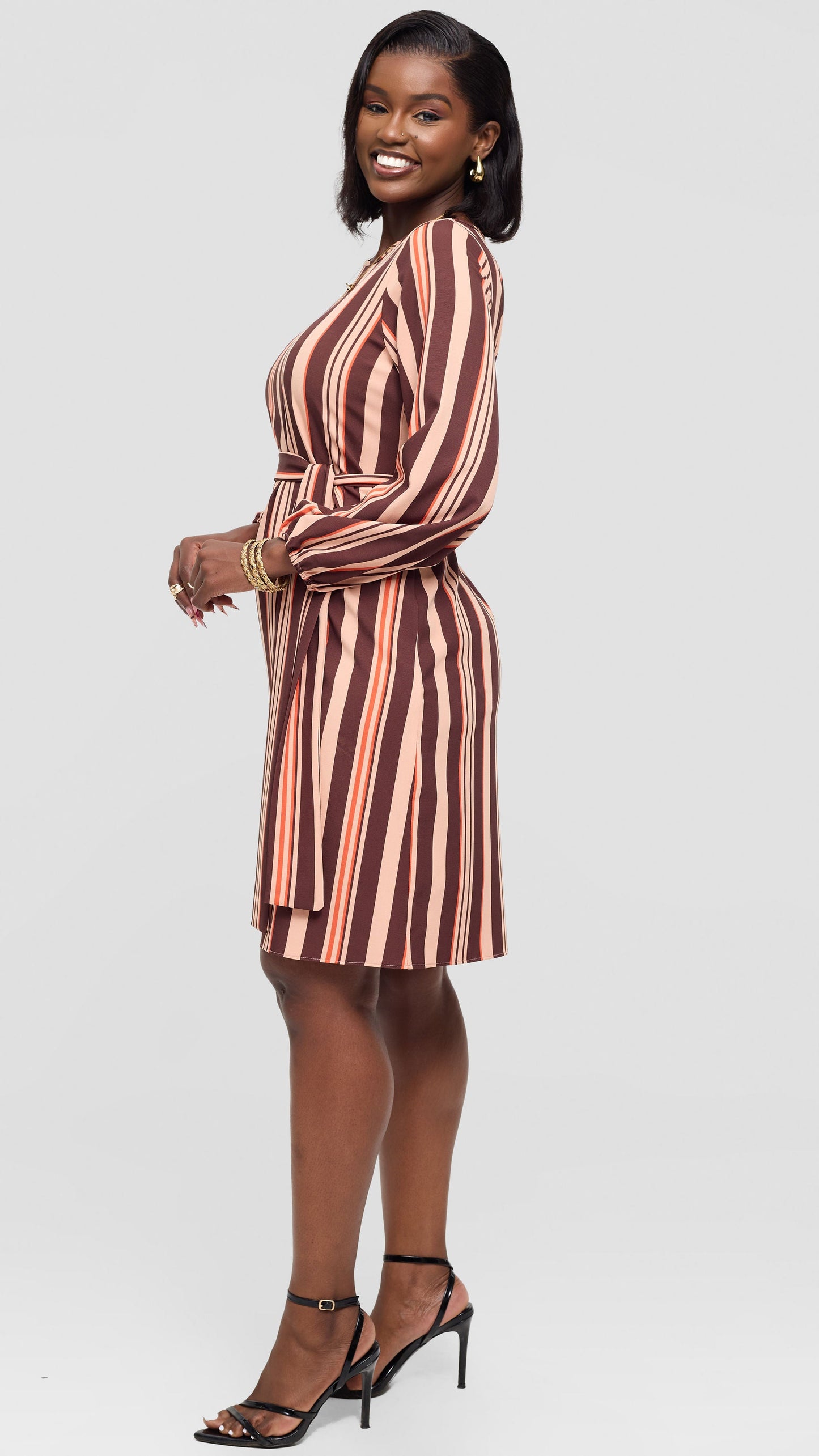Vivo Laika Bishop Sleeve Shift Dress In Crepe - Beige / Brown Loleni Print