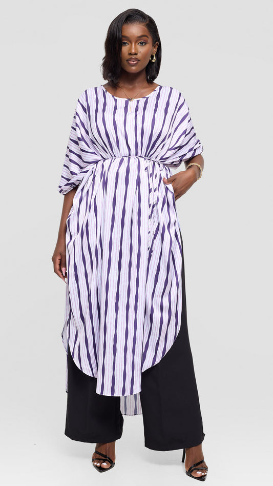 Vivo Essi Scalloped Maxi Top in Satin - Cream / Lilac Huwa Print
