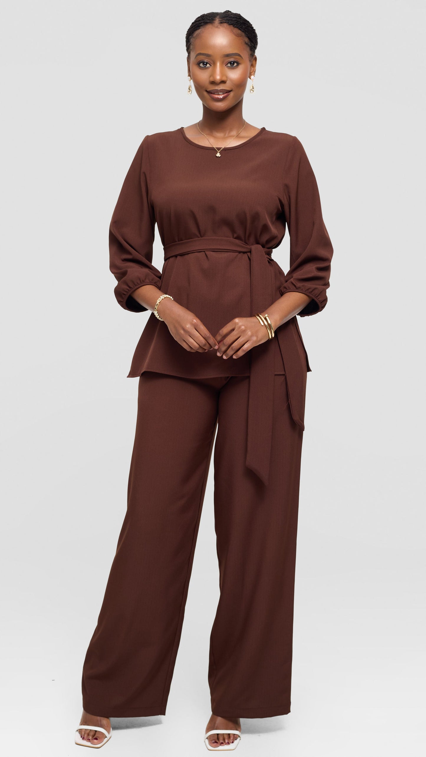 Vivo Kani Bishop Sleeve Top - Chocolate Brown