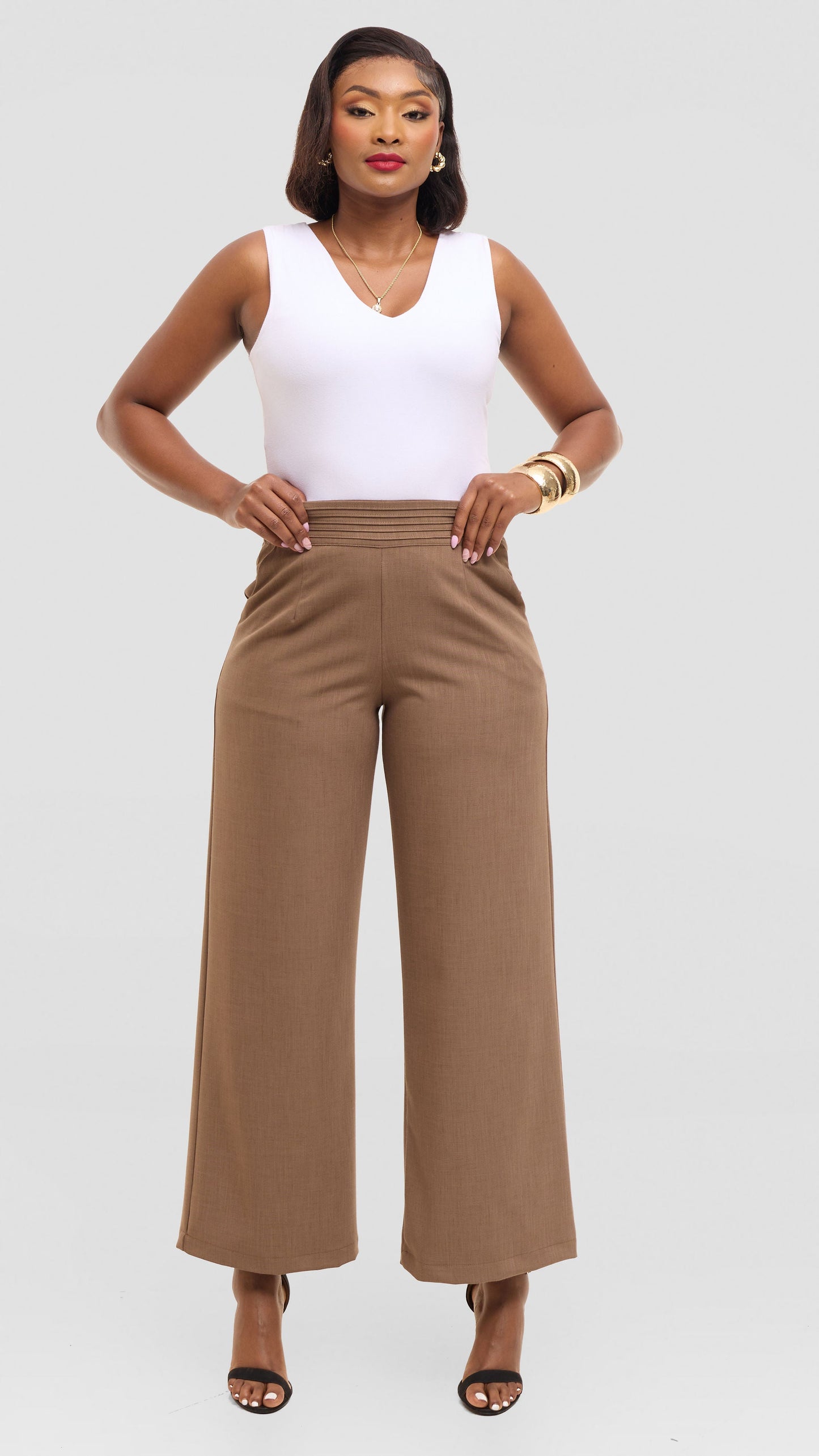 Vivo Pin Tuck Waist Pants in Crepe - Taupe