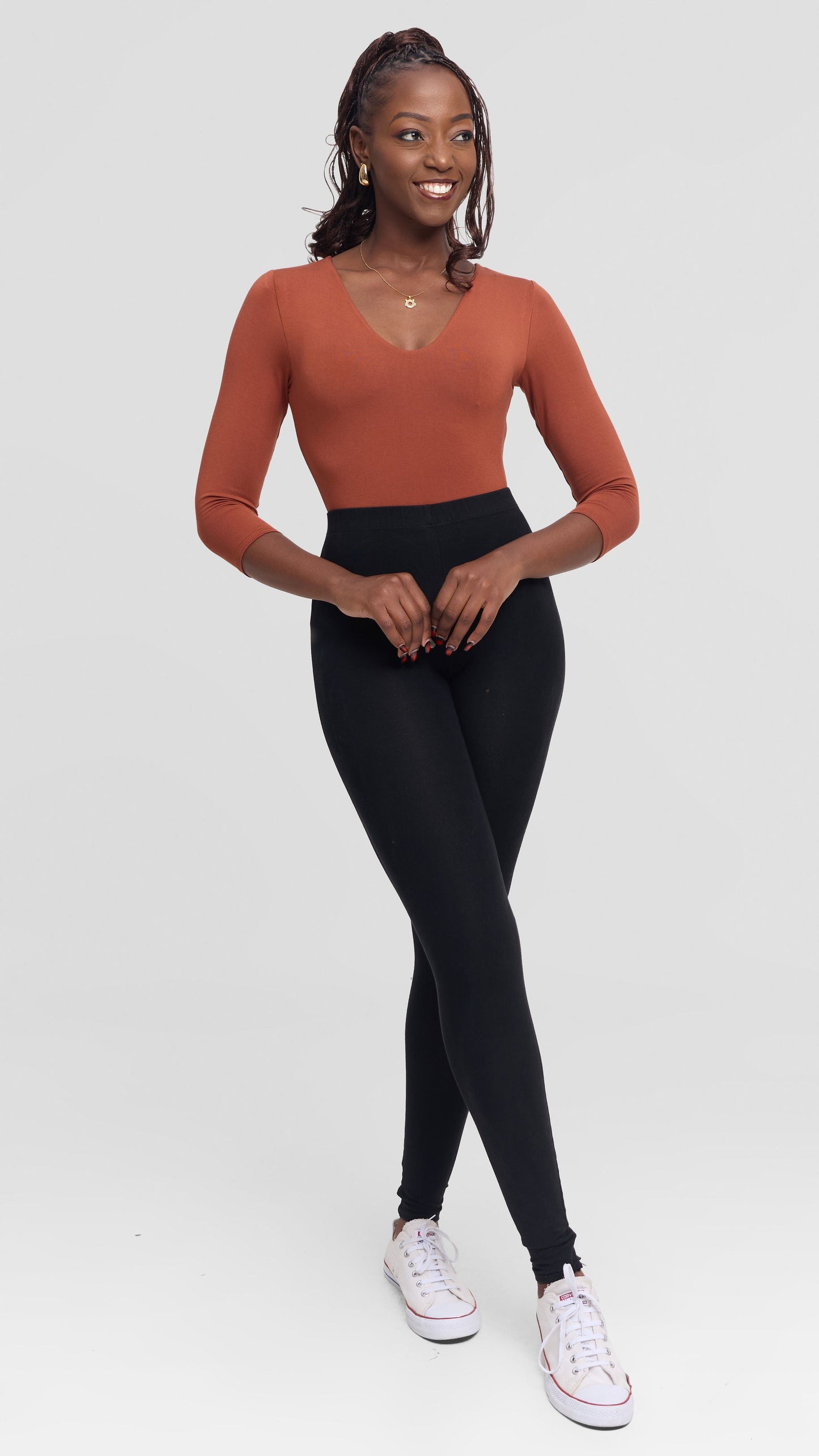 Vivo Basic 3/4 Sleeved Double Layered Bodysuit in Jersey - Rust