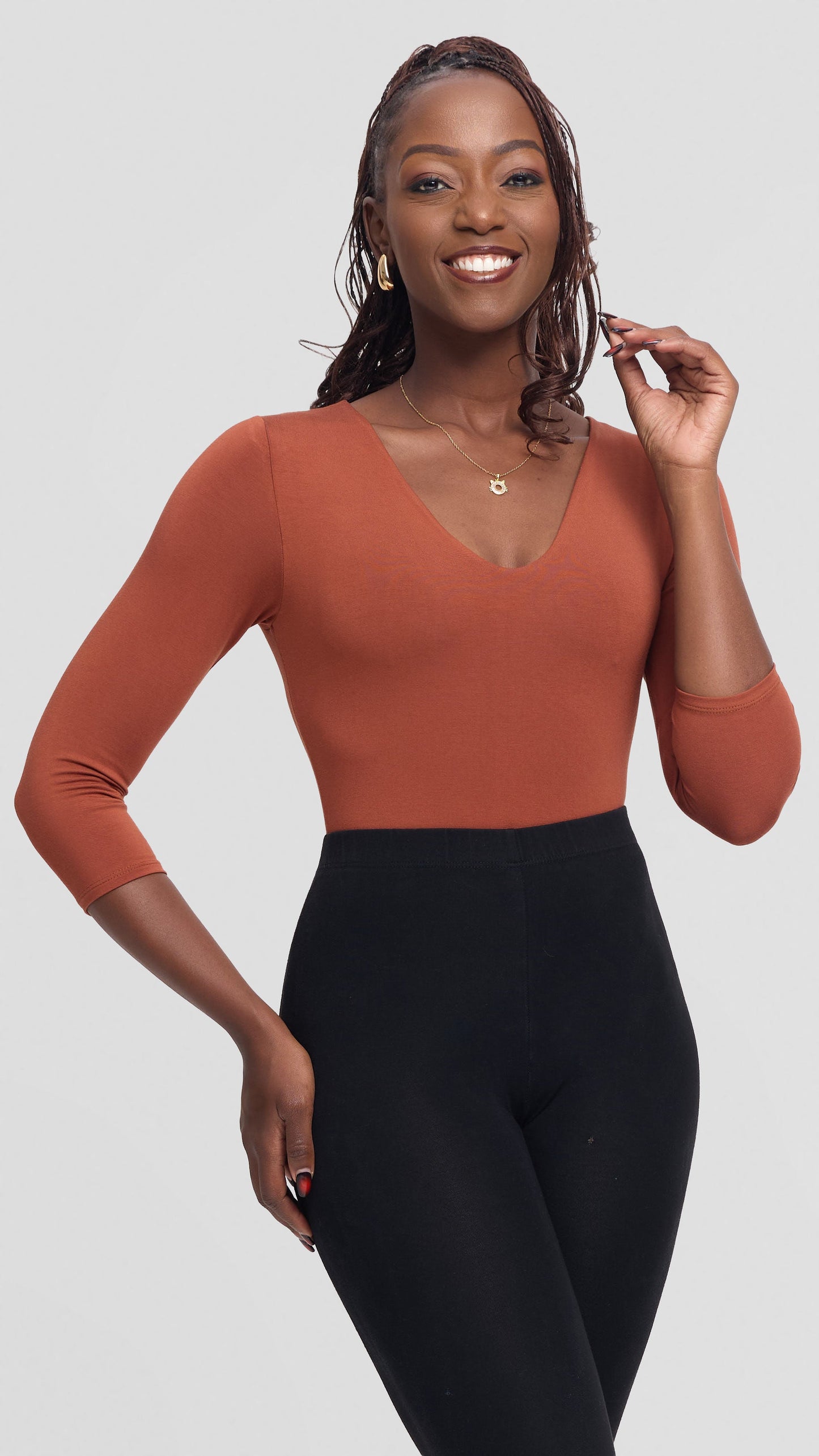 Vivo Basic 3/4 Sleeved Double Layered Bodysuit in Jersey - Rust