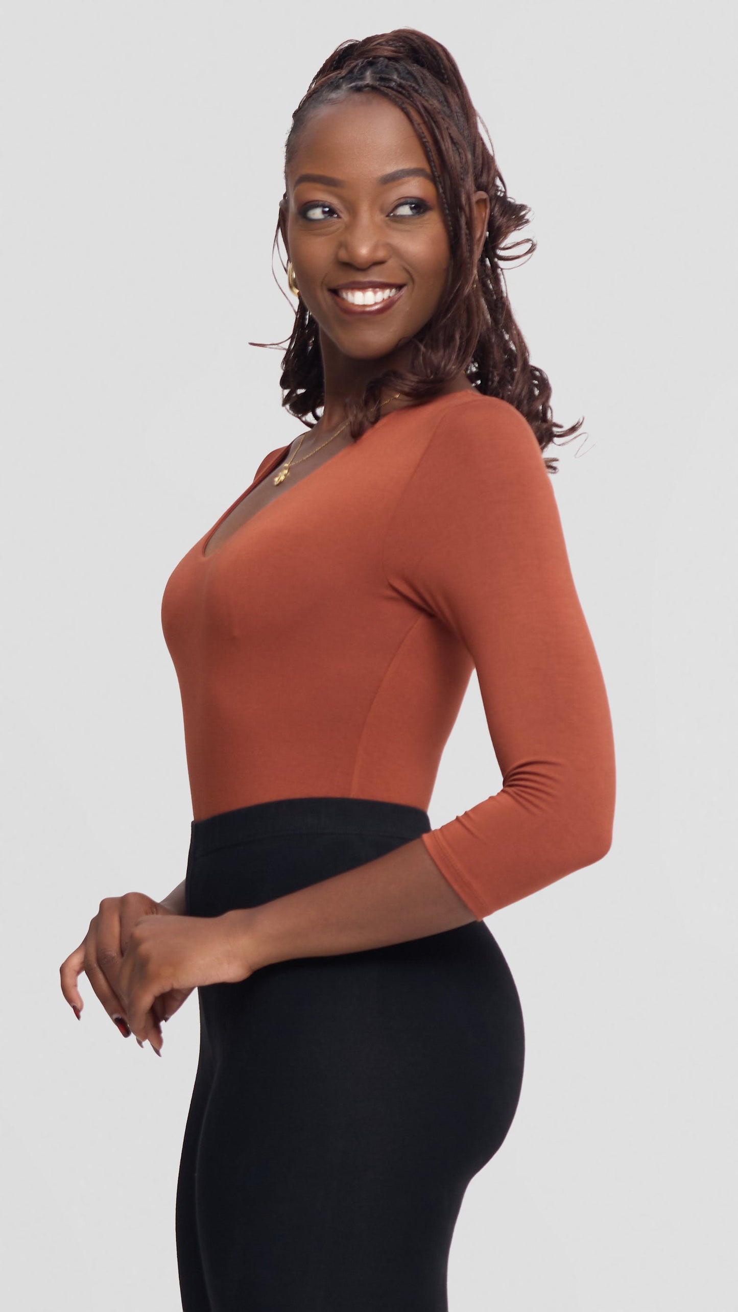 Vivo Basic 3/4 Sleeved Double Layered Bodysuit in Jersey - Rust