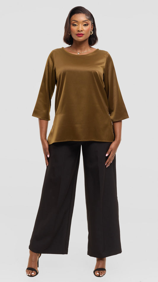 Vivo 3/4 Sleeve Side Slit Top in Satin - Dark Olive