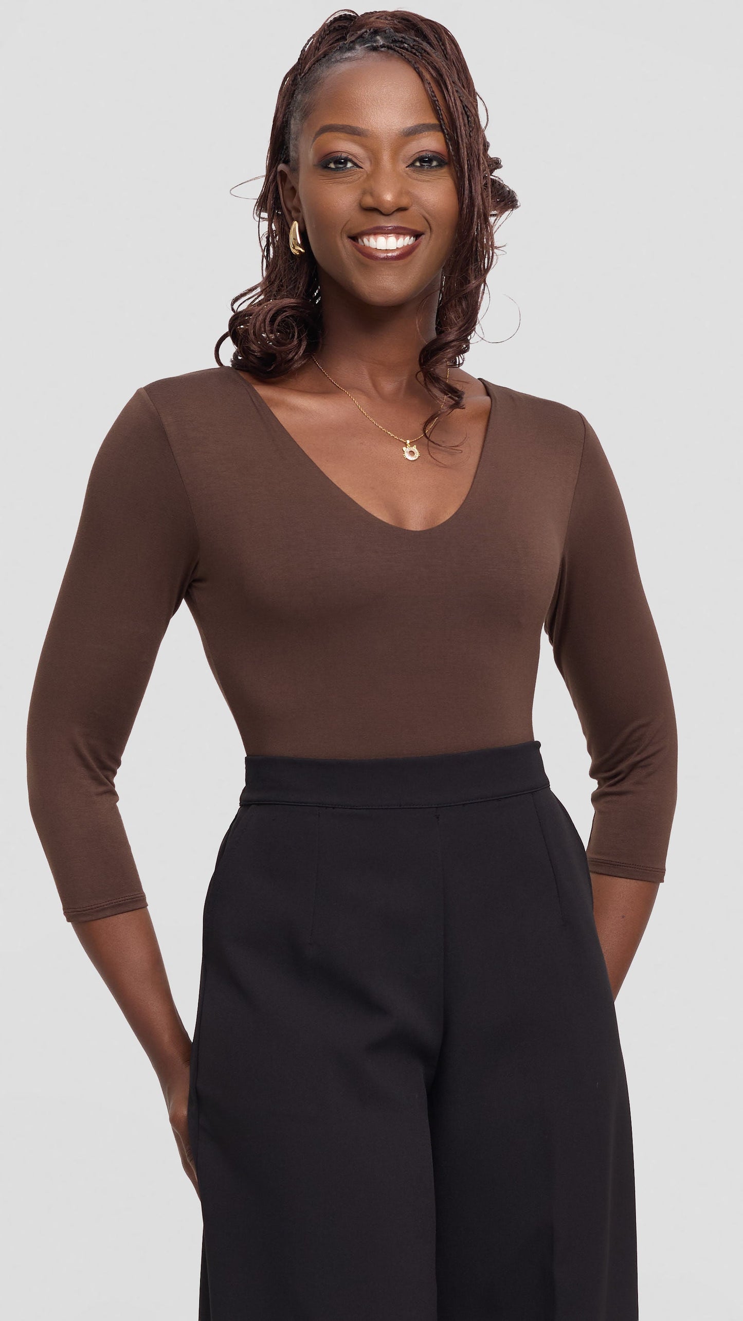 Vivo Basic 3/4 Sleeved Double Layered Bodysuit in Jersey - Brown