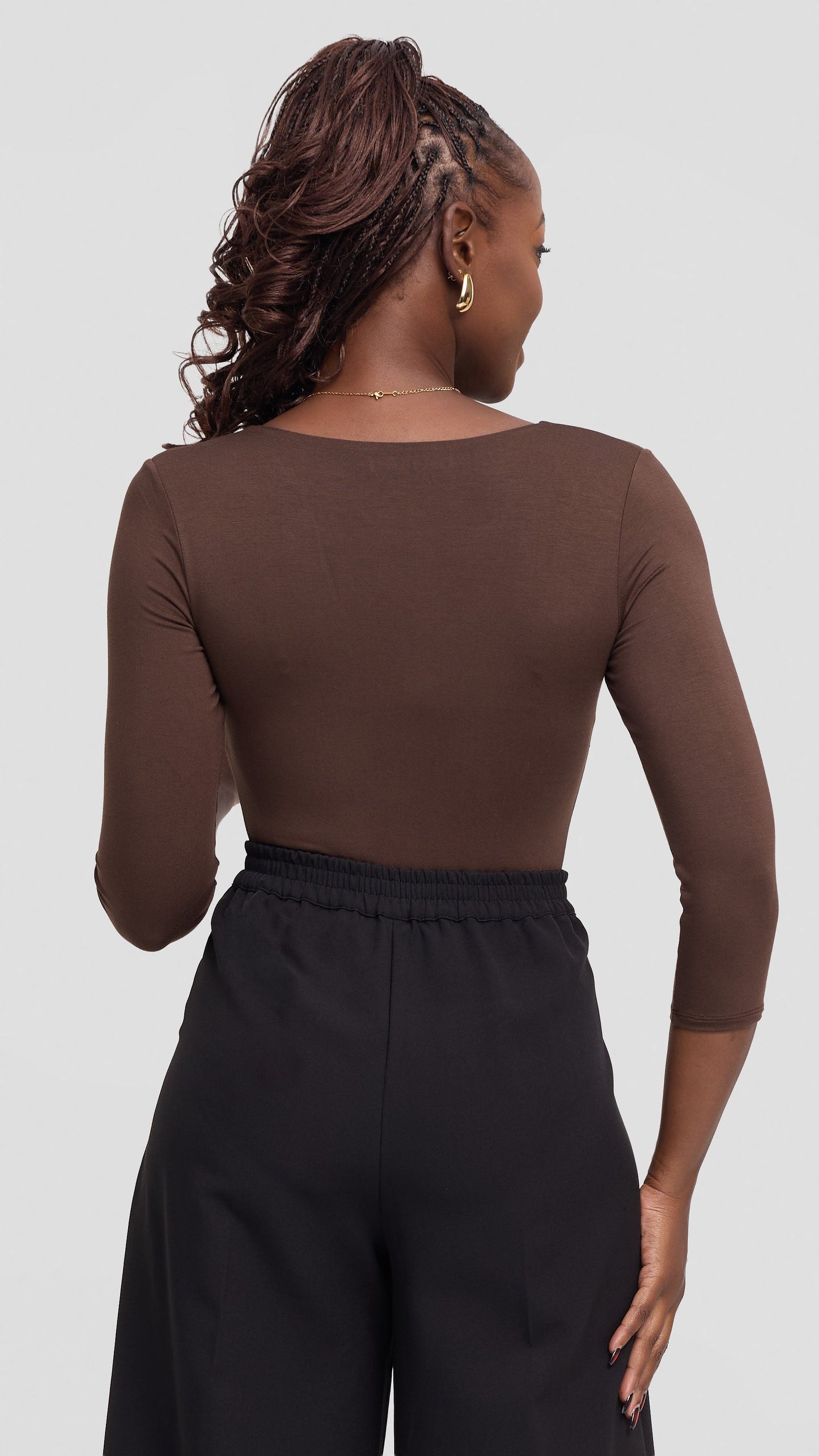 Vivo Basic 3/4 Sleeved Double Layered Bodysuit in Jersey - Brown