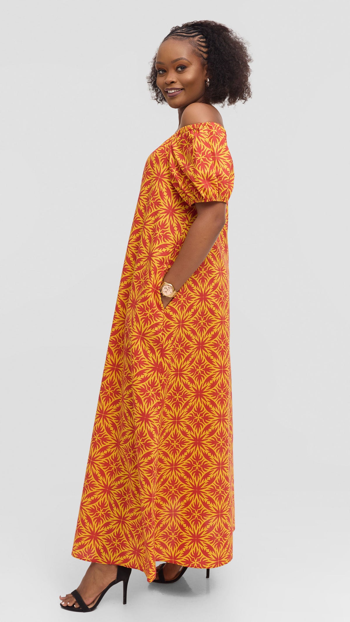 Vivo Off Shoulder Maxi Dress in Cotton - Red Multicolor Print