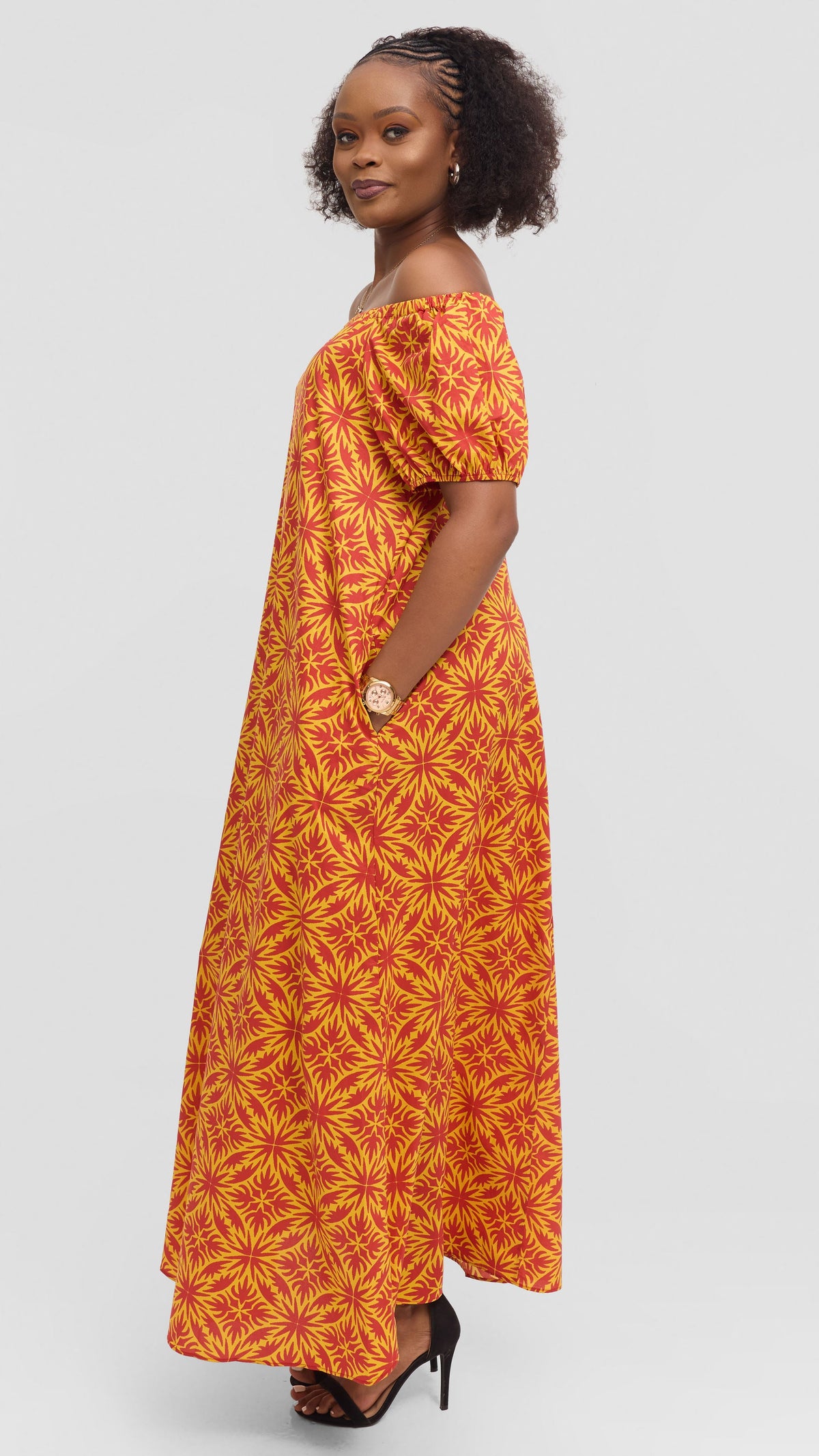 Vivo Off Shoulder Maxi Dress in Cotton - Red Multicolor Print