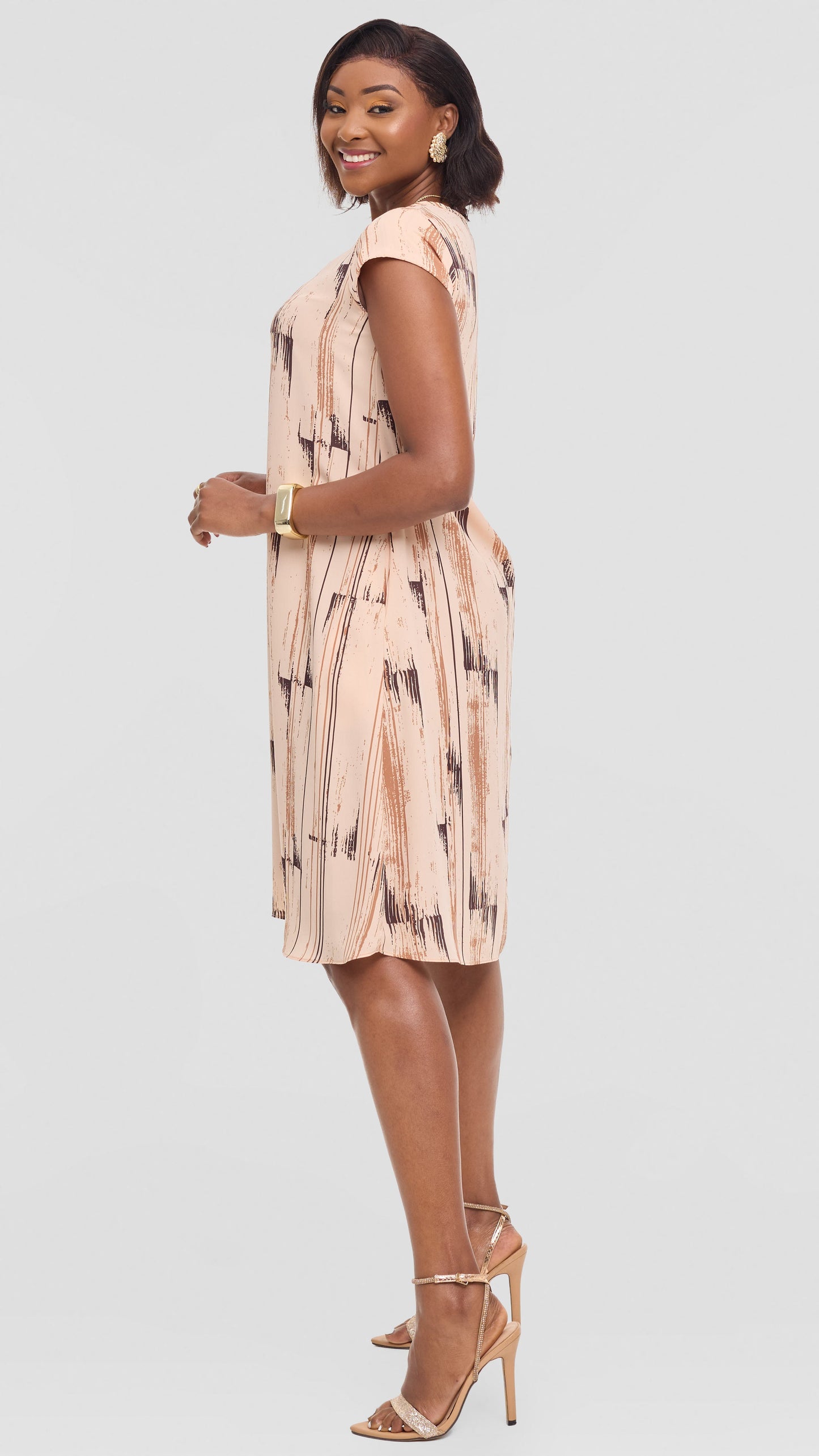 Vivo Sierra Cap Sleeve Tent Dress in Chiffon - Light Peach / Brown Siolo Print