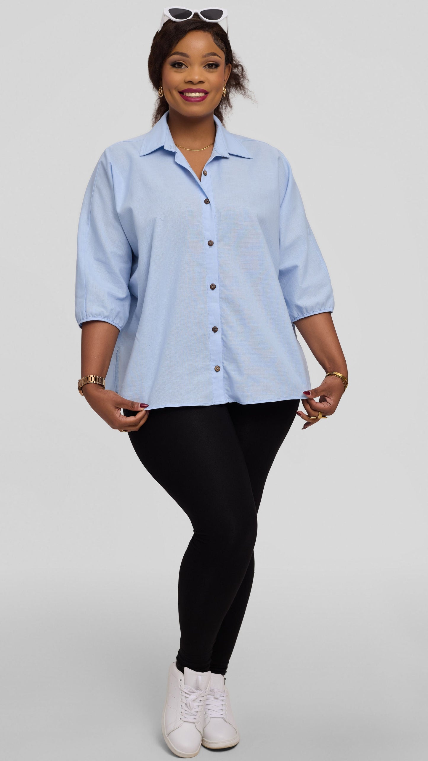 Safari by Vivo Back Pleat Loose Top in Linen Blend - Light Blue