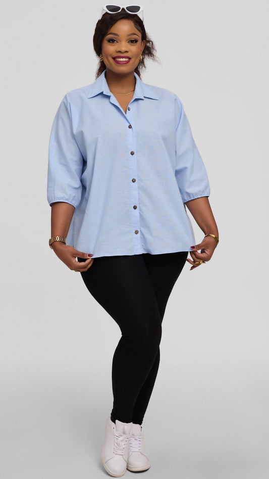 Safari by Vivo Back Pleat Loose Top in Linen Blend - Light Blue