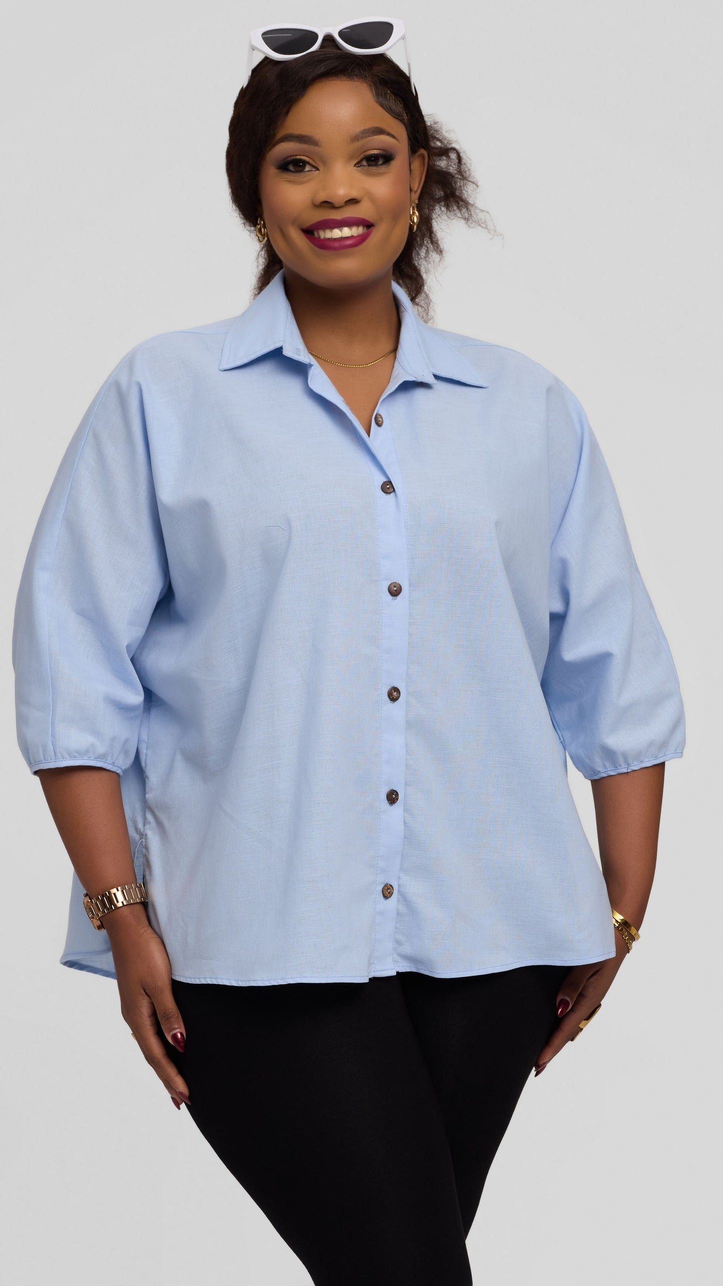 Safari by Vivo Back Pleat Loose Top in Linen Blend - Light Blue