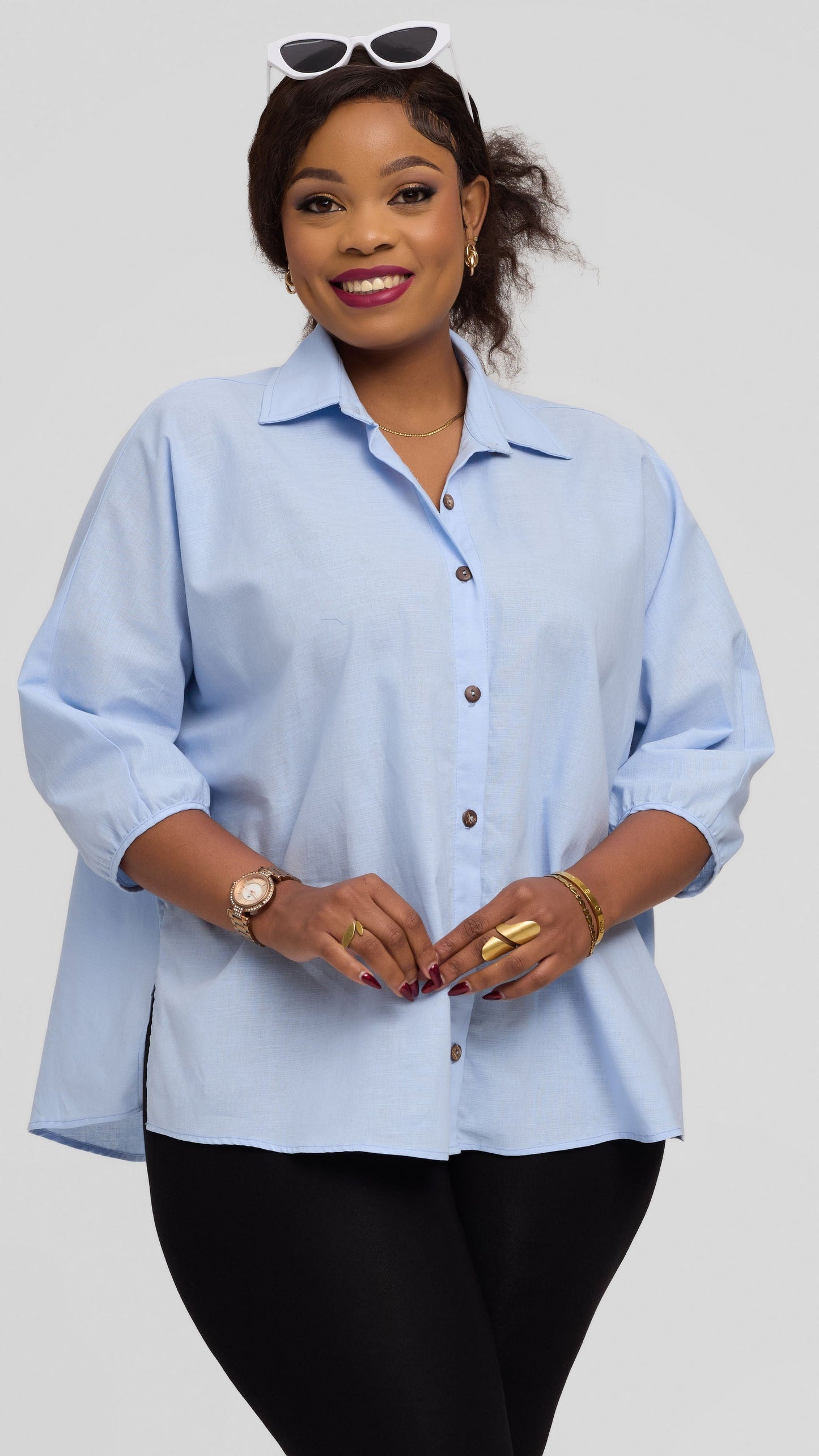 Safari by Vivo Back Pleat Loose Top in Linen Blend - Light Blue