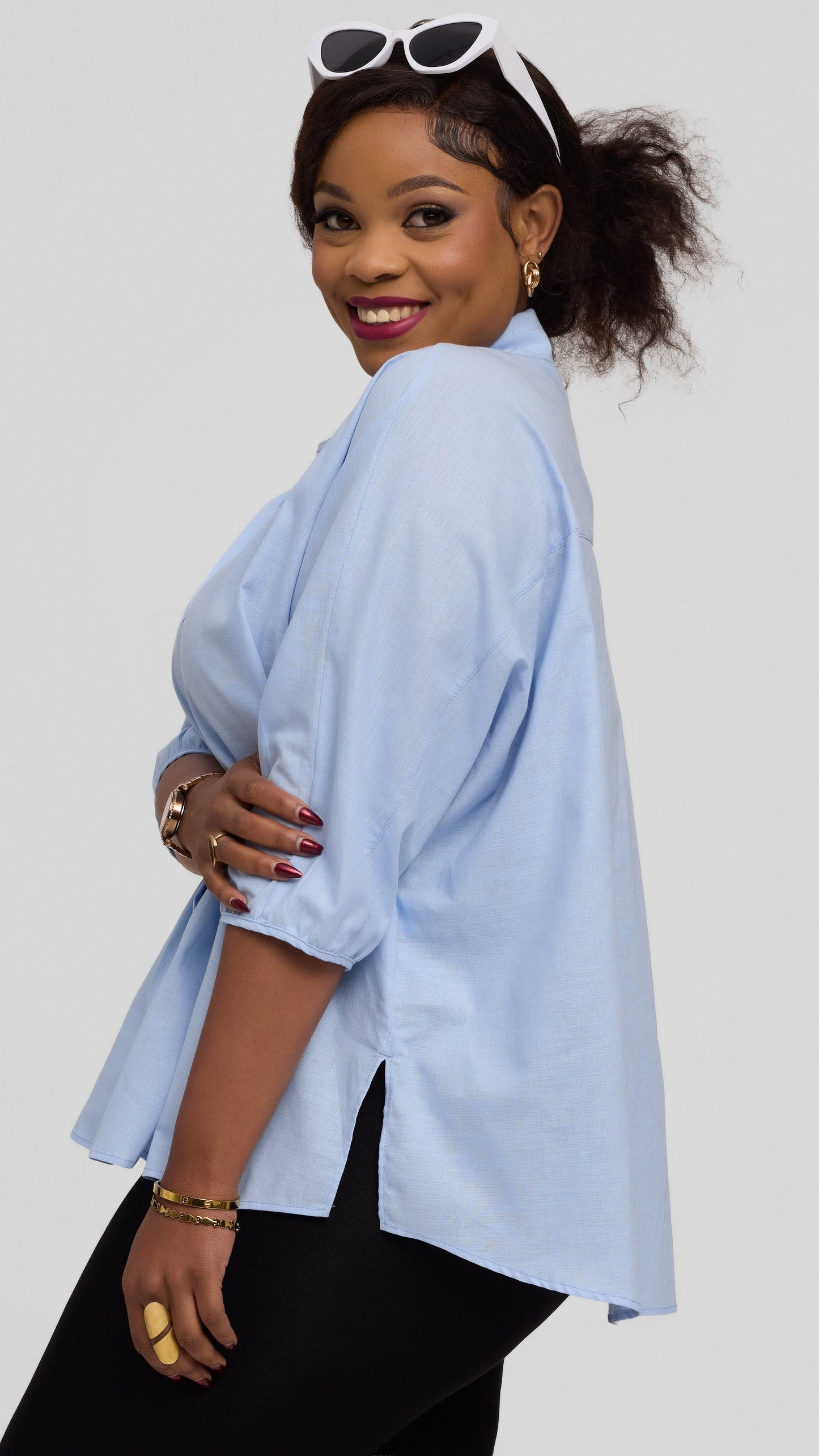 Safari by Vivo Back Pleat Loose Top in Linen Blend - Light Blue