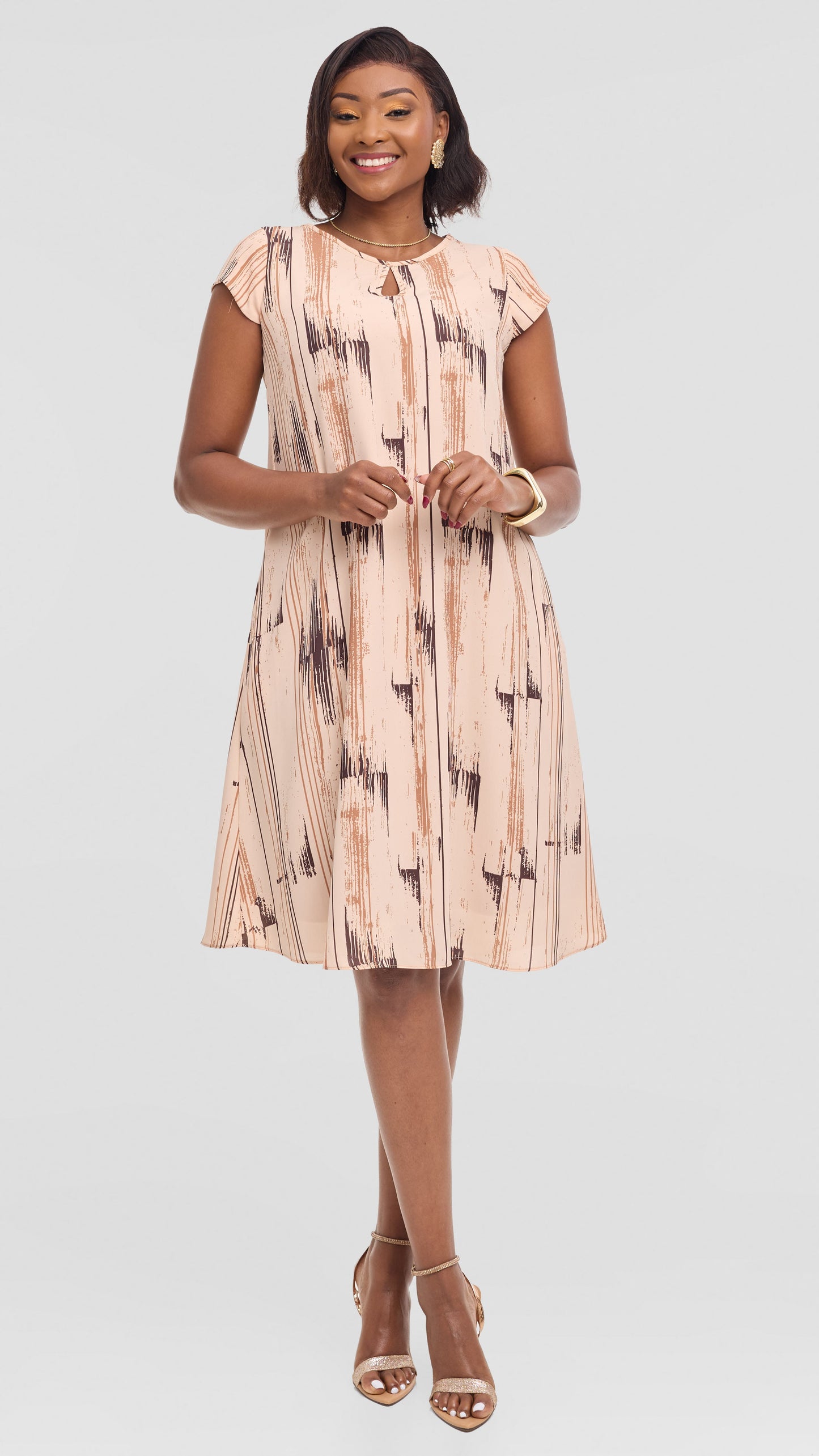 Vivo Sierra Cap Sleeve Tent Dress in Chiffon - Light Peach / Brown Siolo Print