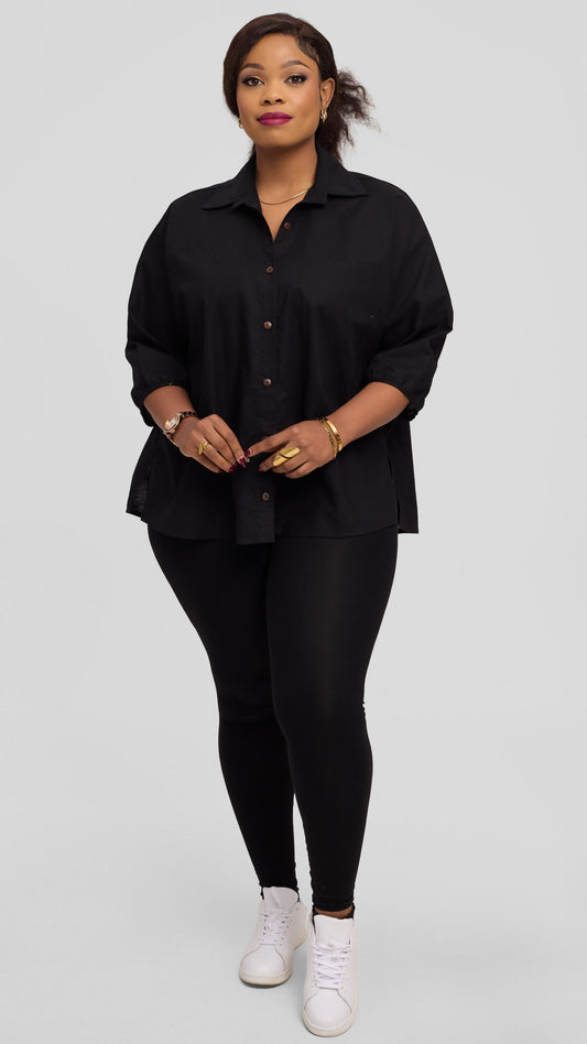 Safari by Vivo Back Pleat Loose Top in Linen Blend - Black