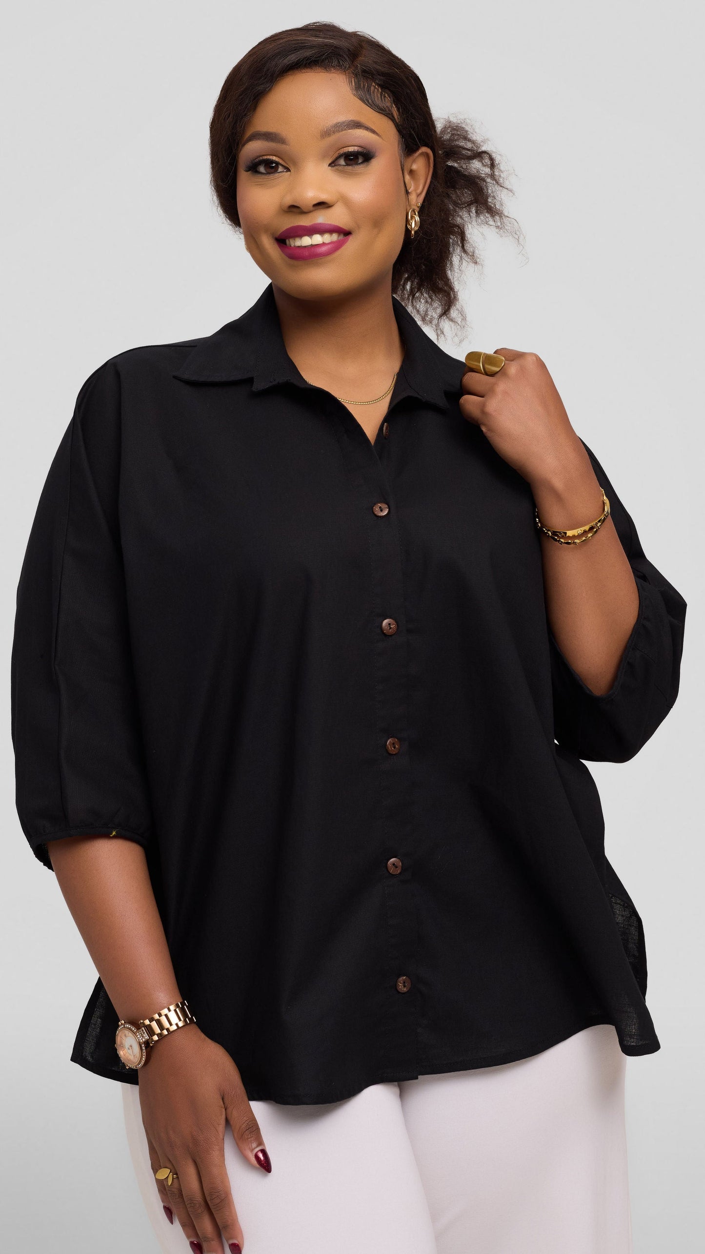 Safari by Vivo Back Pleat Loose Top in Linen Blend - Black