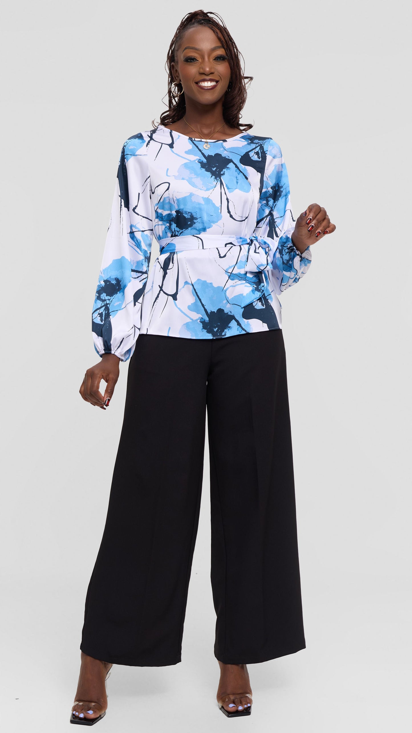 Vivo Basic Satin Bishop Sleeve Top - White / Blue Print
