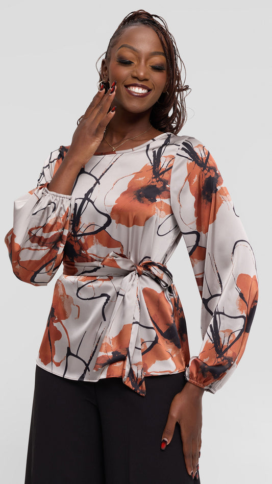 Vivo Basic Satin Bishop Sleeve Top - Grey / Rust Print